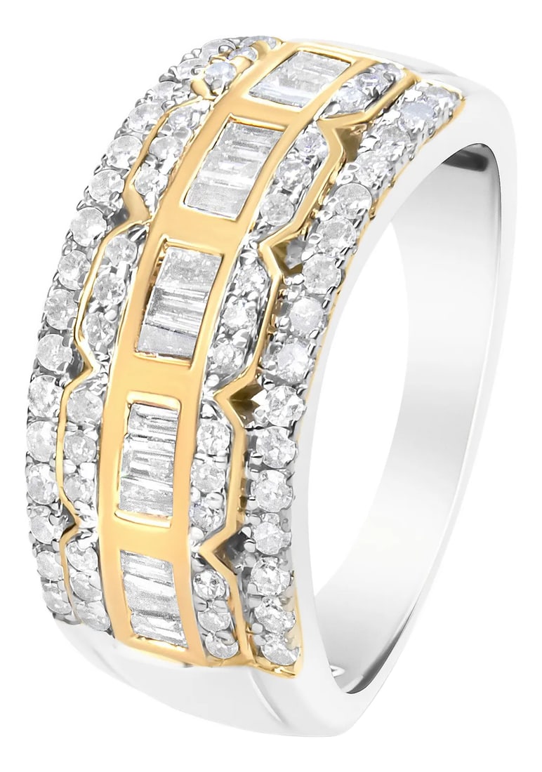 10K White and Yellow Gold 1.00 Cttw Baguette and Round cut Diamond Art Deco Multi-Row Ring Band (I-J: Make a statement with this exquisite art deco inspired ring. Made in 10k white and yellow gold, this piece showcases 1ct TDW of diamonds. A row of baguette cut diamonds sits inside a decorative