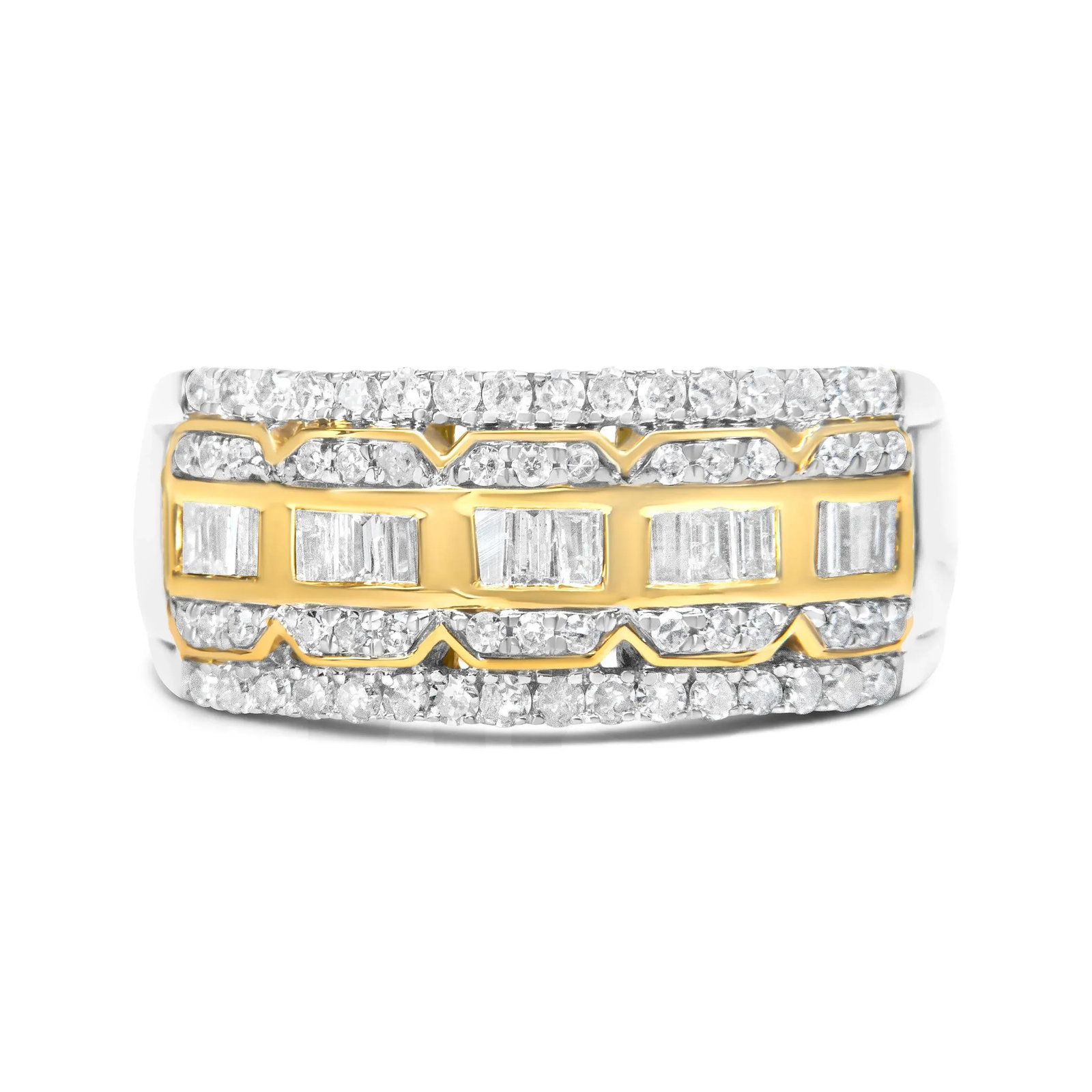 10K White and Yellow Gold 1.00 Cttw Baguette and Round cut Diamond Art Deco Multi-Row Ring Band (I-J - 2