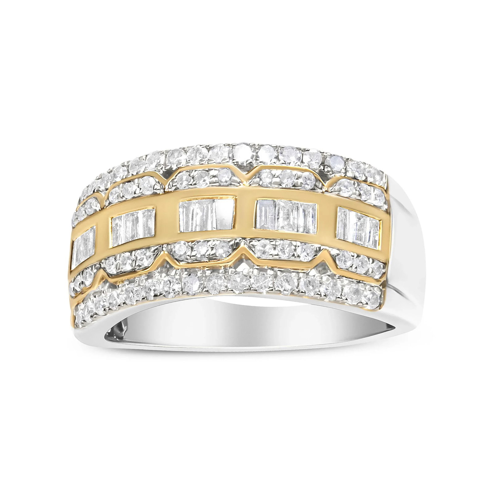 10K White and Yellow Gold 1.00 Cttw Baguette and Round cut Diamond Art Deco Multi-Row Ring Band (I-J - 3