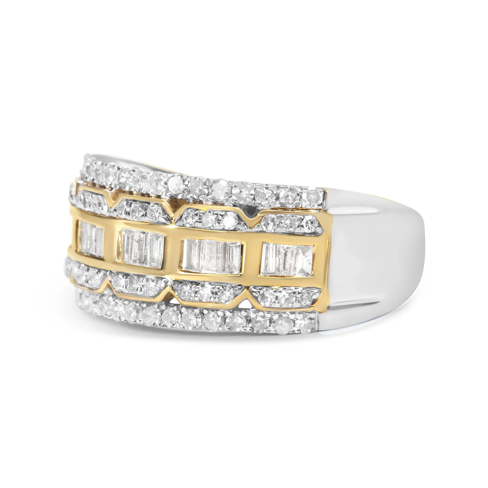 10K White and Yellow Gold 1.00 Cttw Baguette and Round cut Diamond Art Deco Multi-Row Ring Band (I-J - 4
