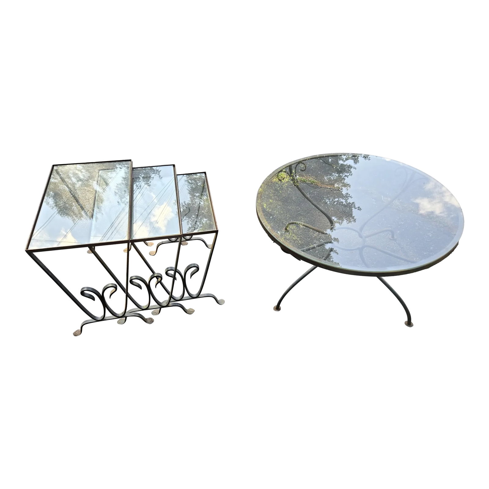 Vintage Wrought Iron Patio Tables: Vintage Wrought Iron Outdoor Patio End Tables available now and ready to ship. The set includes a round glass top table and 3 rectangle glass top nesting Tables. Perfect for any deck, garden, patio,