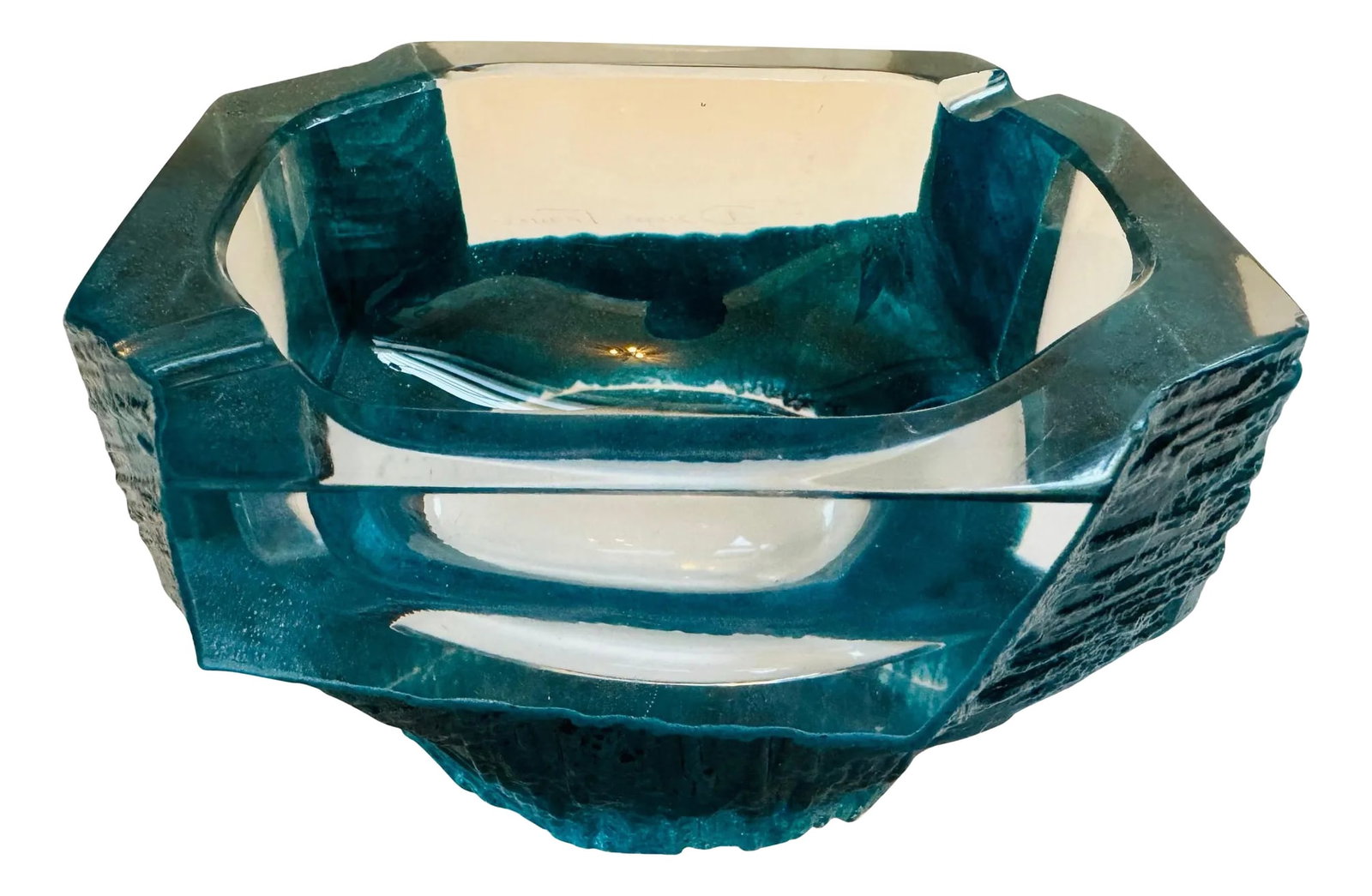 Cesar Badaccini Argos Daum Crystal 1970 French Bowl Ashtray: A rare French brutalist crystal bowl in blue green /turquoise coloring designed be famed French artist, Cesar Baldaccini for Daum. Biography: Cesar was a French sculptor and member of the Nouveau Real