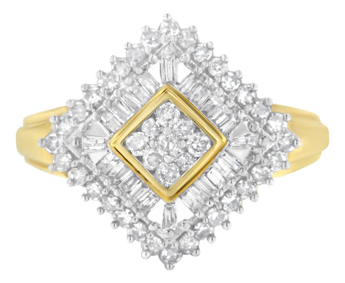 10K Yellow Gold Diamond Ballerina Ring - Size 6: A diamond ballerina ring that features a central square cluster of round diamonds surrounded by a double halo of baguette and round diamonds. Crafted in 10 karat yellow gold, the ring has a total