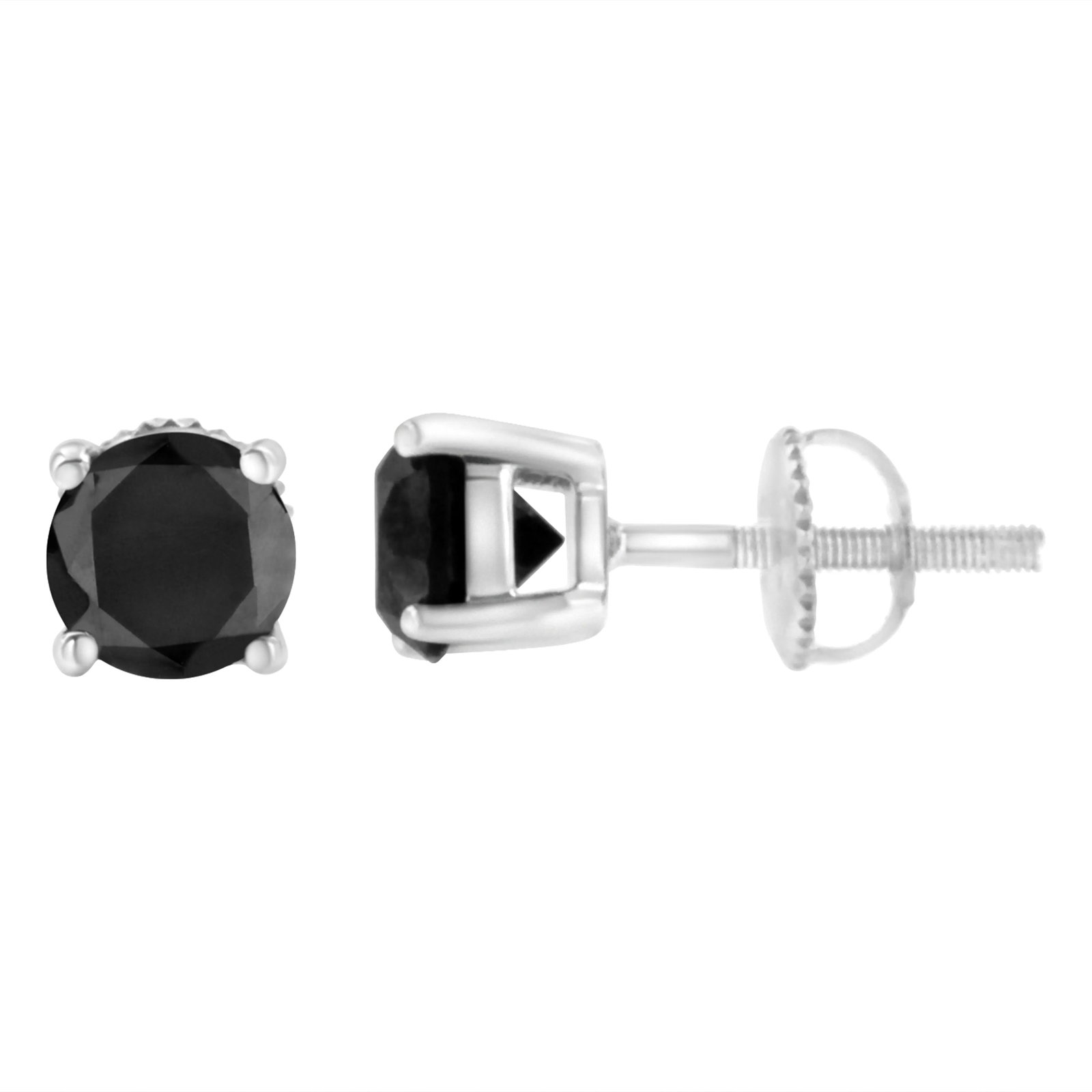 14K White Gold 3.00 Cttw Round Brilliant-Cut Black Diamond Classic 4-Prong Stud Earrings with Screw - 2
