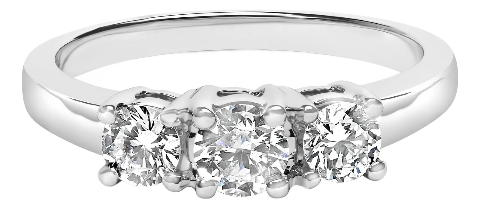 14K White Gold 3/4 Cttw Lab Grown Diamond 3 Stone Ring Band (F-G Color, VS2-SI1 Clarity)- Size 7: Indulge in the timeless elegance of this exquisite 14K white gold ring band, a treasure that artfully blends modern sophistication with classic allure. At its heart, the ring features a trio of