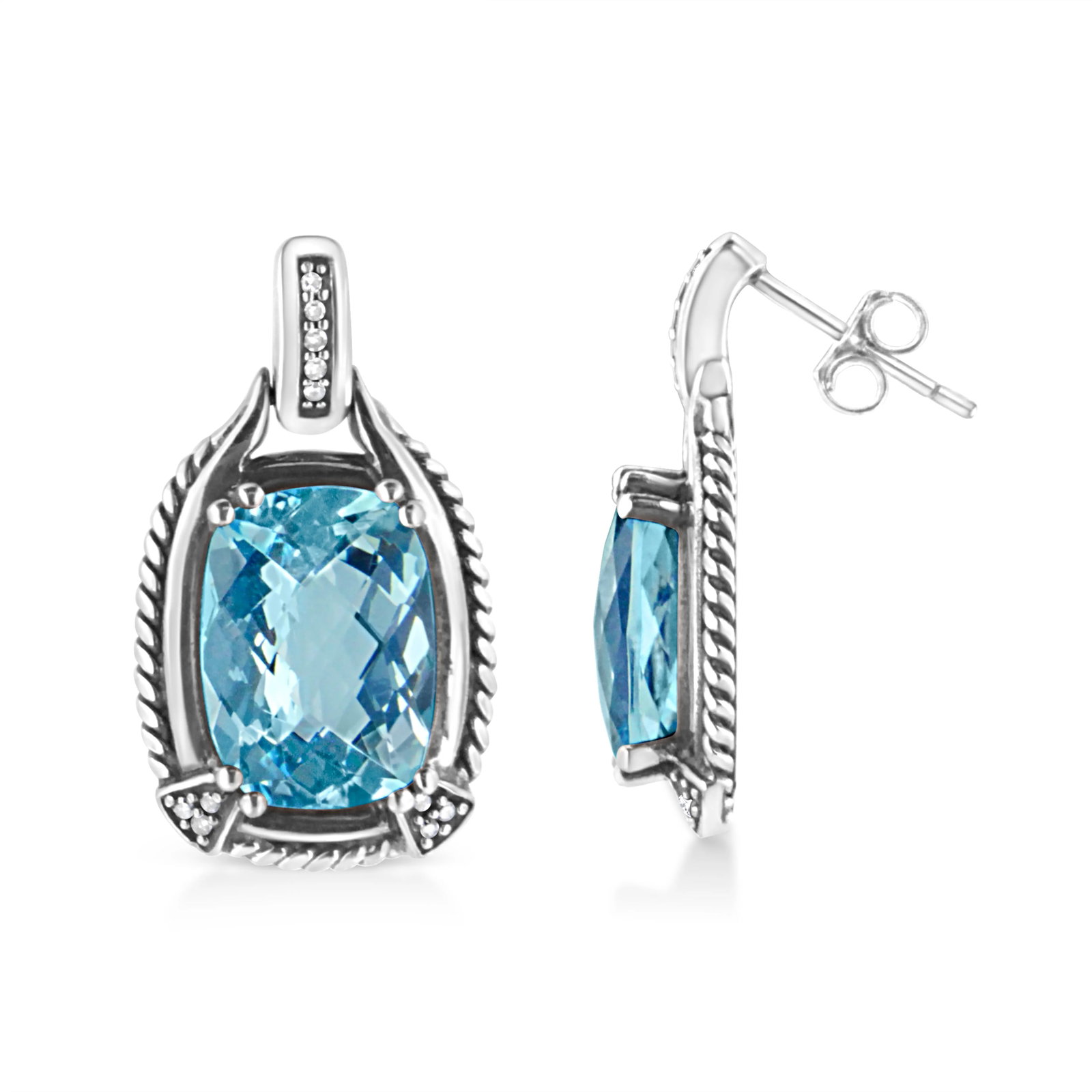 .925 Sterling Silver 14x10MM Cushion Cut Blue Topaz Gemstone and Diamond Accent Dangle Earring - 2