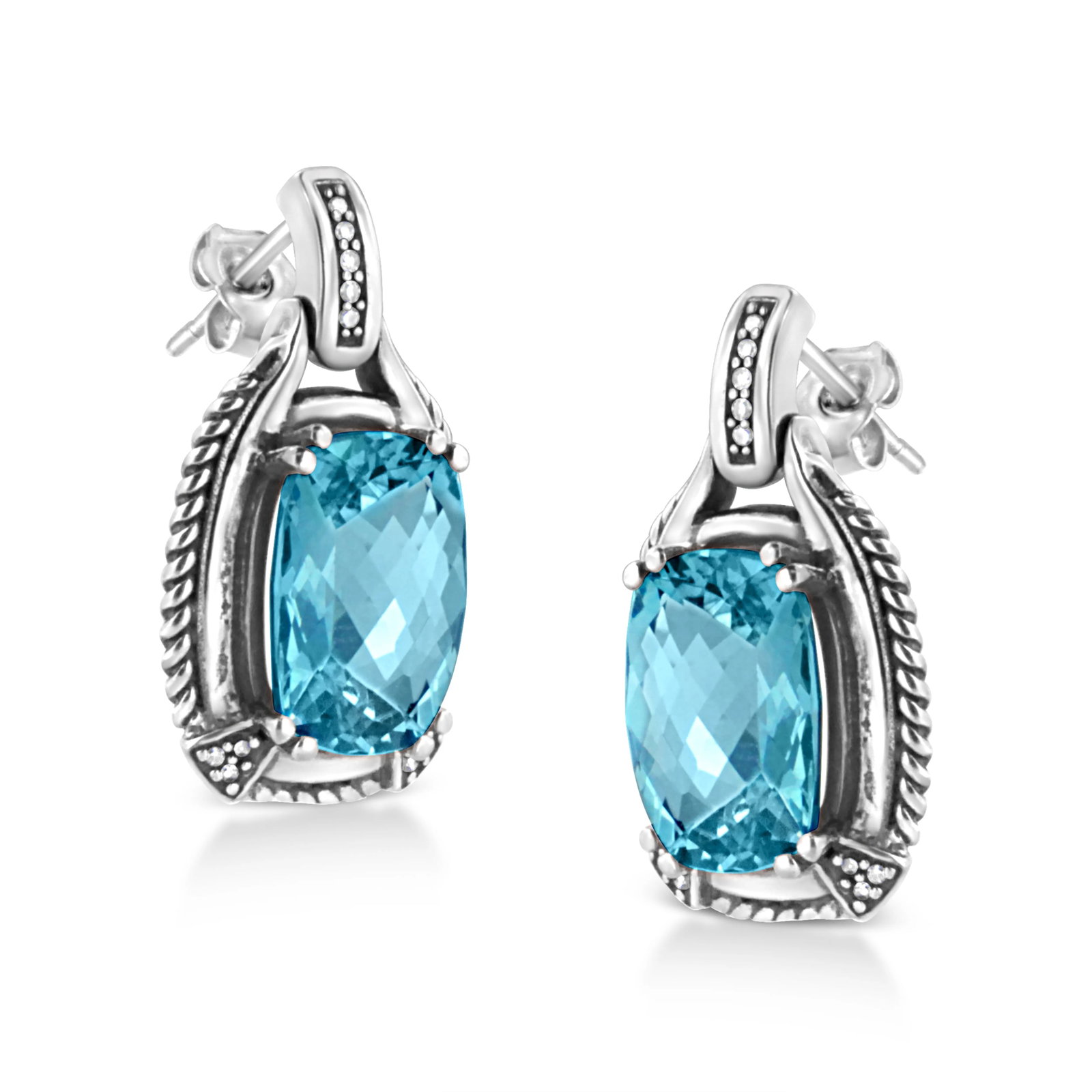 .925 Sterling Silver 14x10MM Cushion Cut Blue Topaz Gemstone and Diamond Accent Dangle Earring - 3