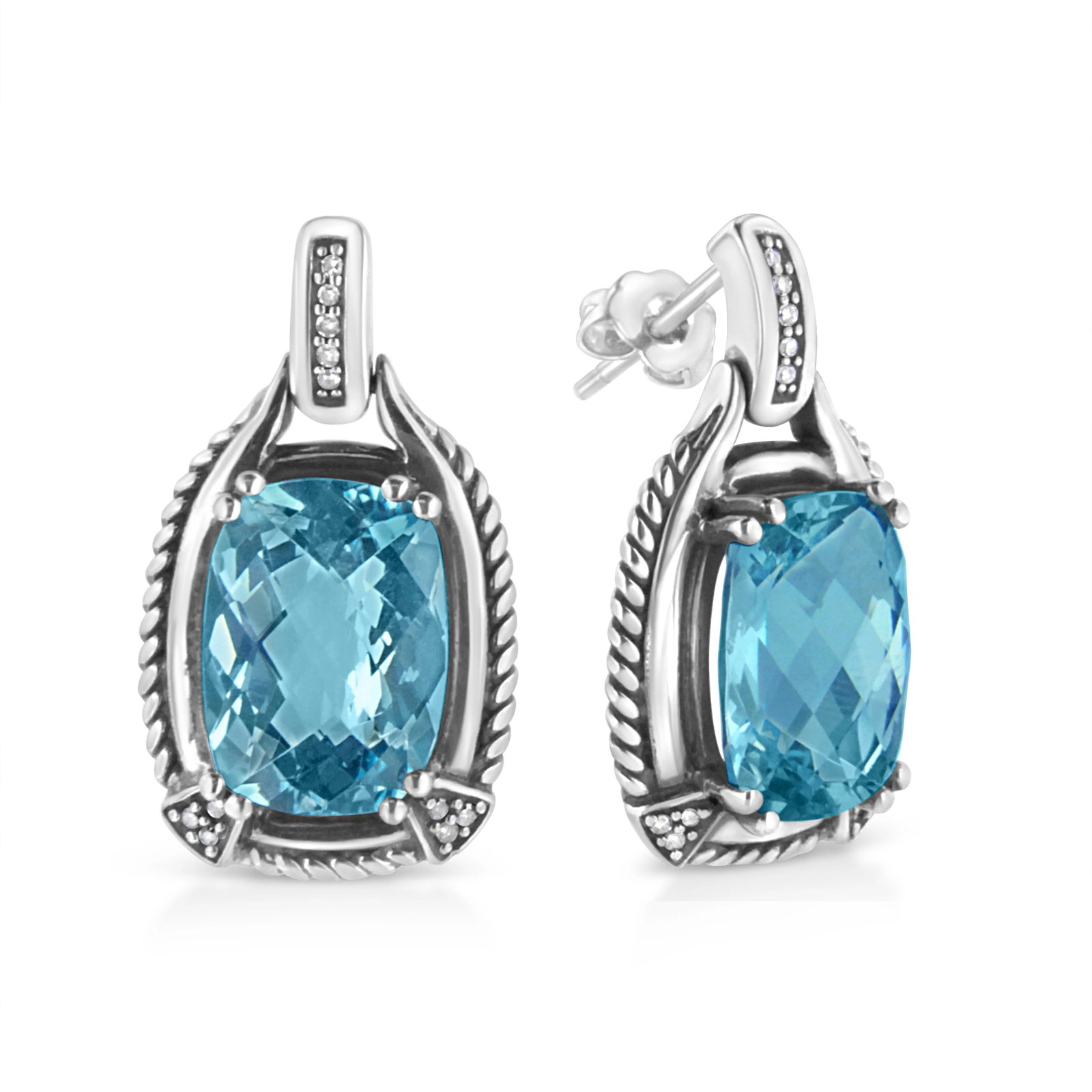 .925 Sterling Silver 14x10MM Cushion Cut Blue Topaz Gemstone and Diamond Accent Dangle Earring - 4