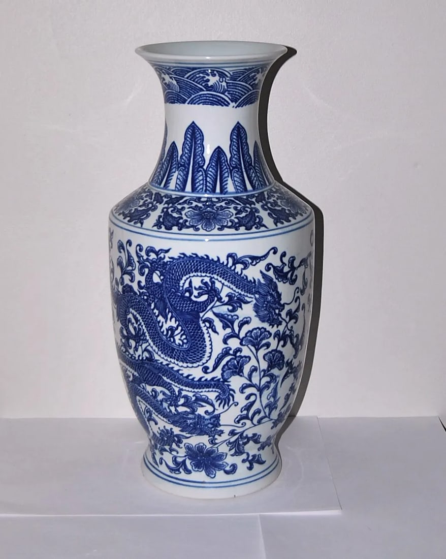Dragon Chasing Pearl Chinese Export Porcelain Baluster Vase With Qing Stamp - 2