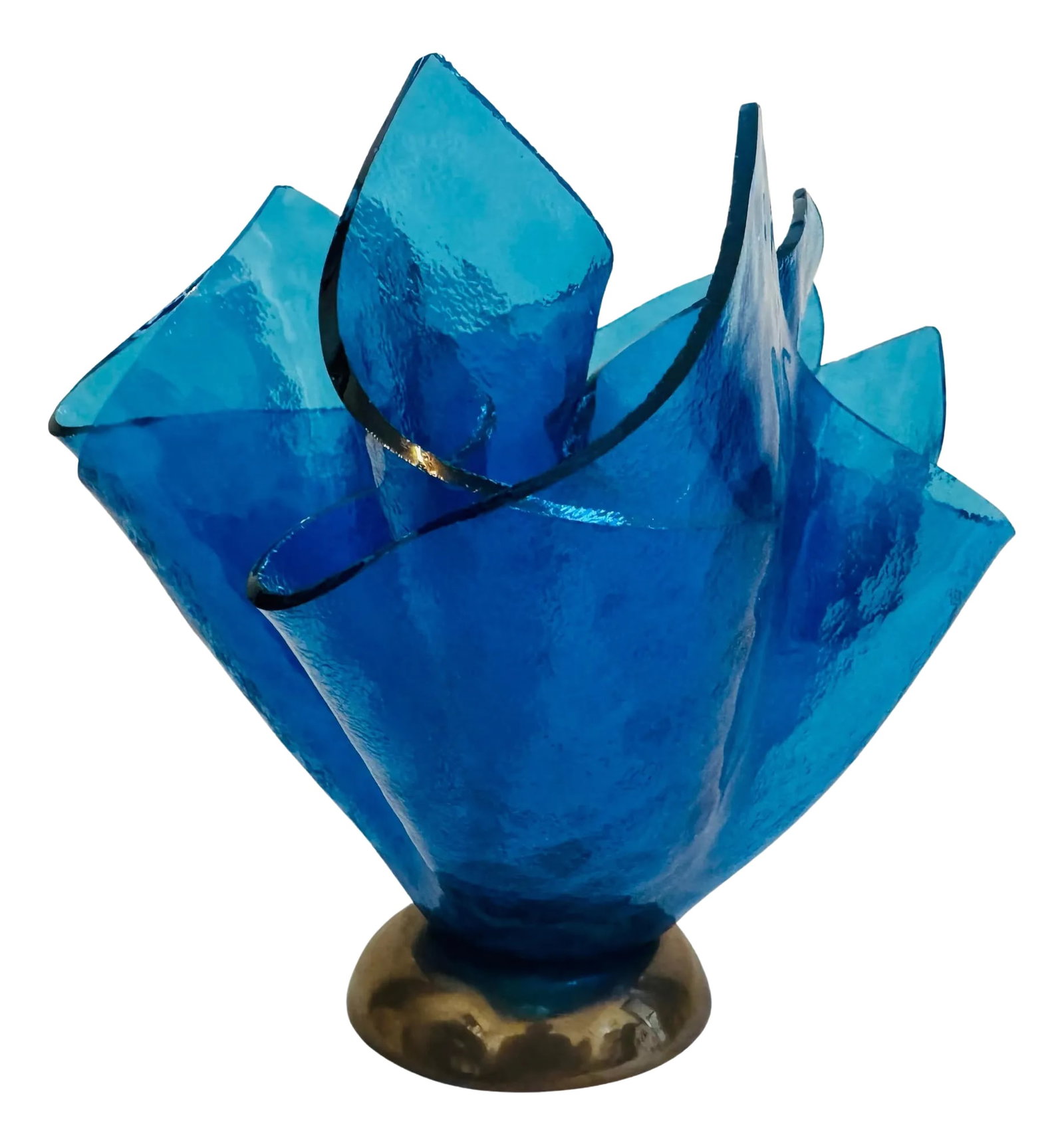 Was Fedrigolli Sculptural Glass 1980s Italian Vase: A beautiful 1980s Post Modern blue glass sculptural vase on a bronze vase made by famed Italian designer, Esa Fedrigolli. Rare. Signed. Condition: Alterations: Original Design Modified Imperfections: