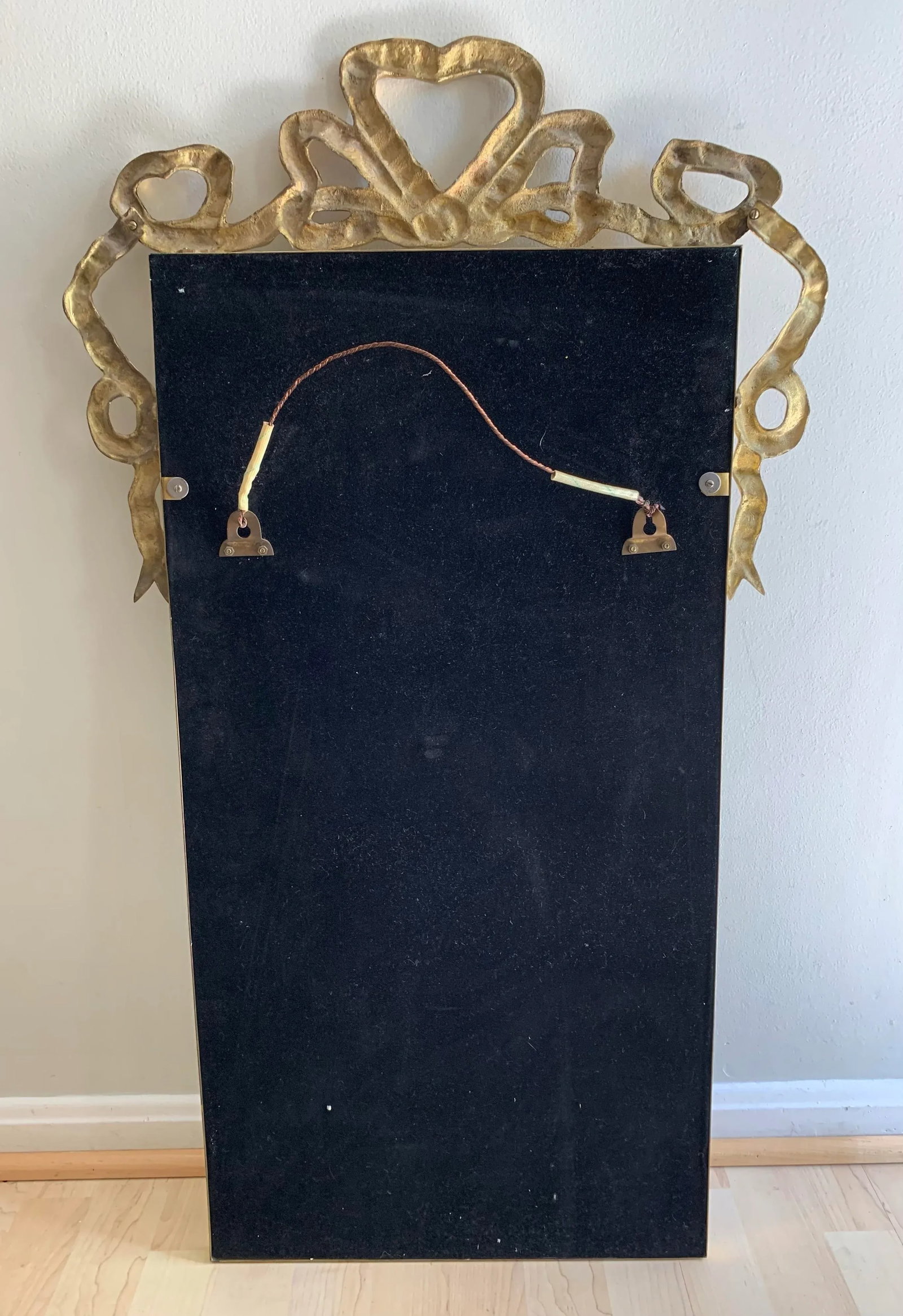 Vintage 1970s Metal Brass Heart Shaped Draped Ribbon Bow Coquette Wall Mirror - 10
