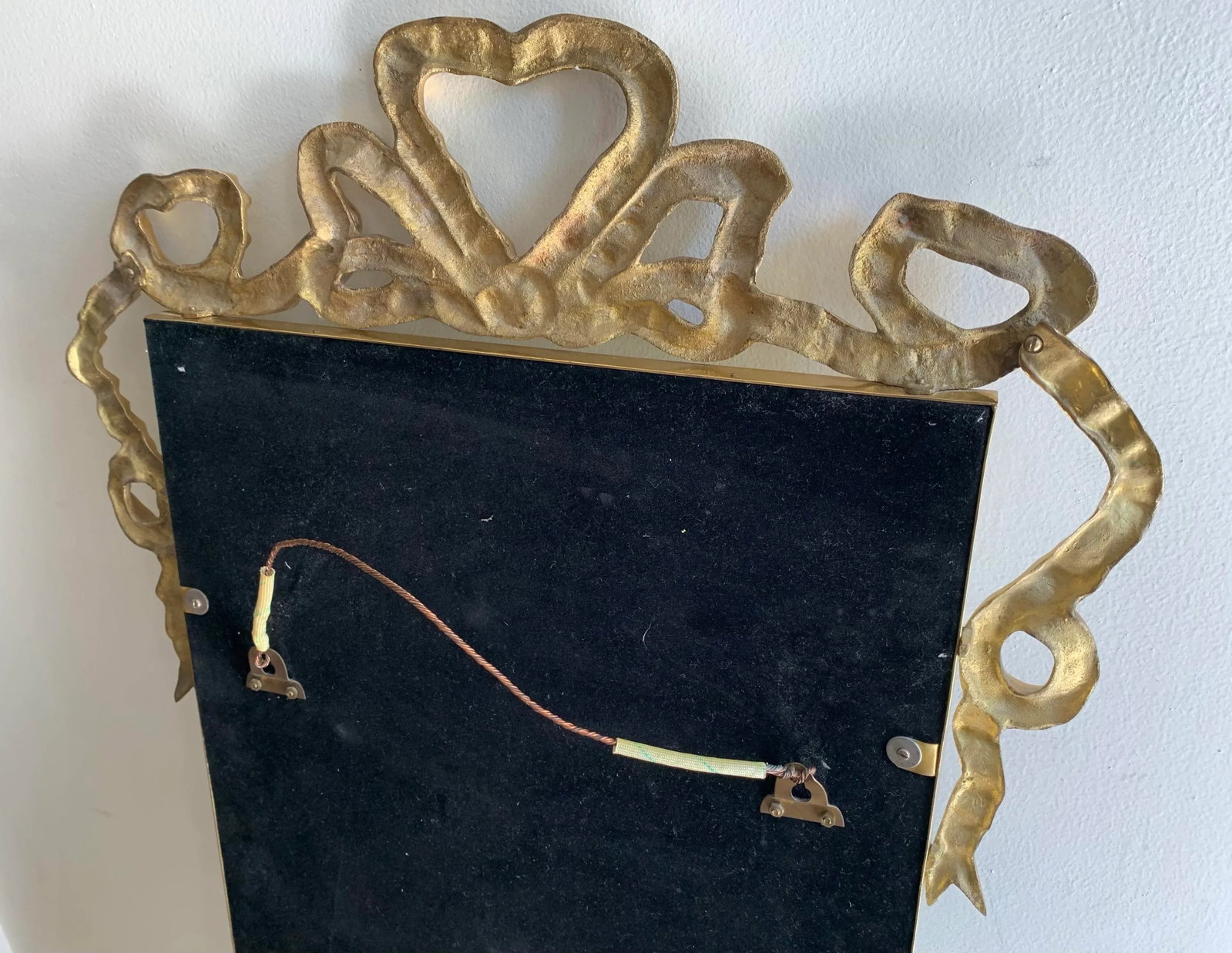 Vintage 1970s Metal Brass Heart Shaped Draped Ribbon Bow Coquette Wall Mirror - 11