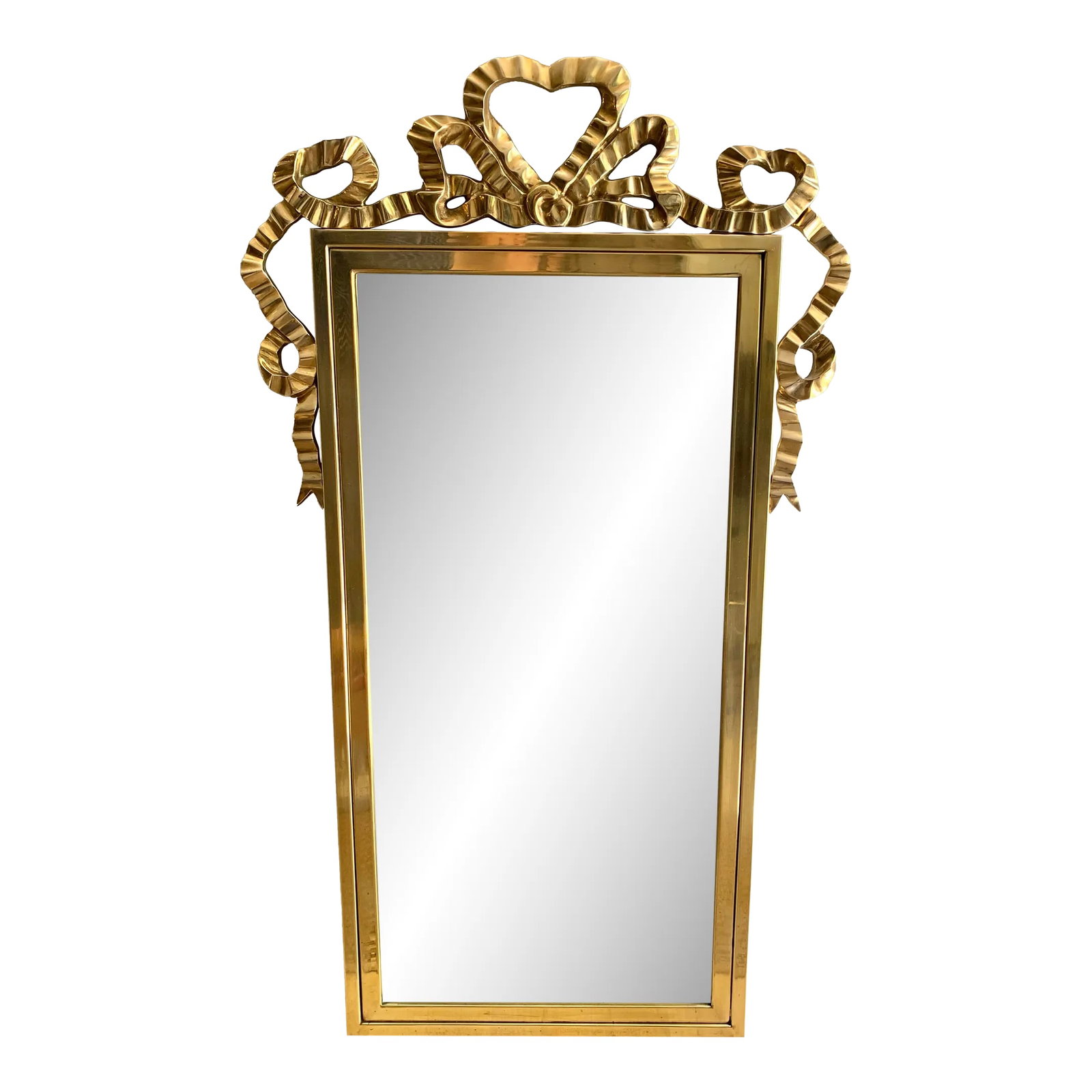Vintage 1970s Metal Brass Heart Shaped Draped Ribbon Bow Coquette Wall Mirror: Stunning solid unlacquered brass frame beveled wall mirror with draped heart shaped ribbon bow. Heavy and beautiful piece. Measures at the widest point 21" x 36.5" x 1.5" Condition: Alterations: Origi