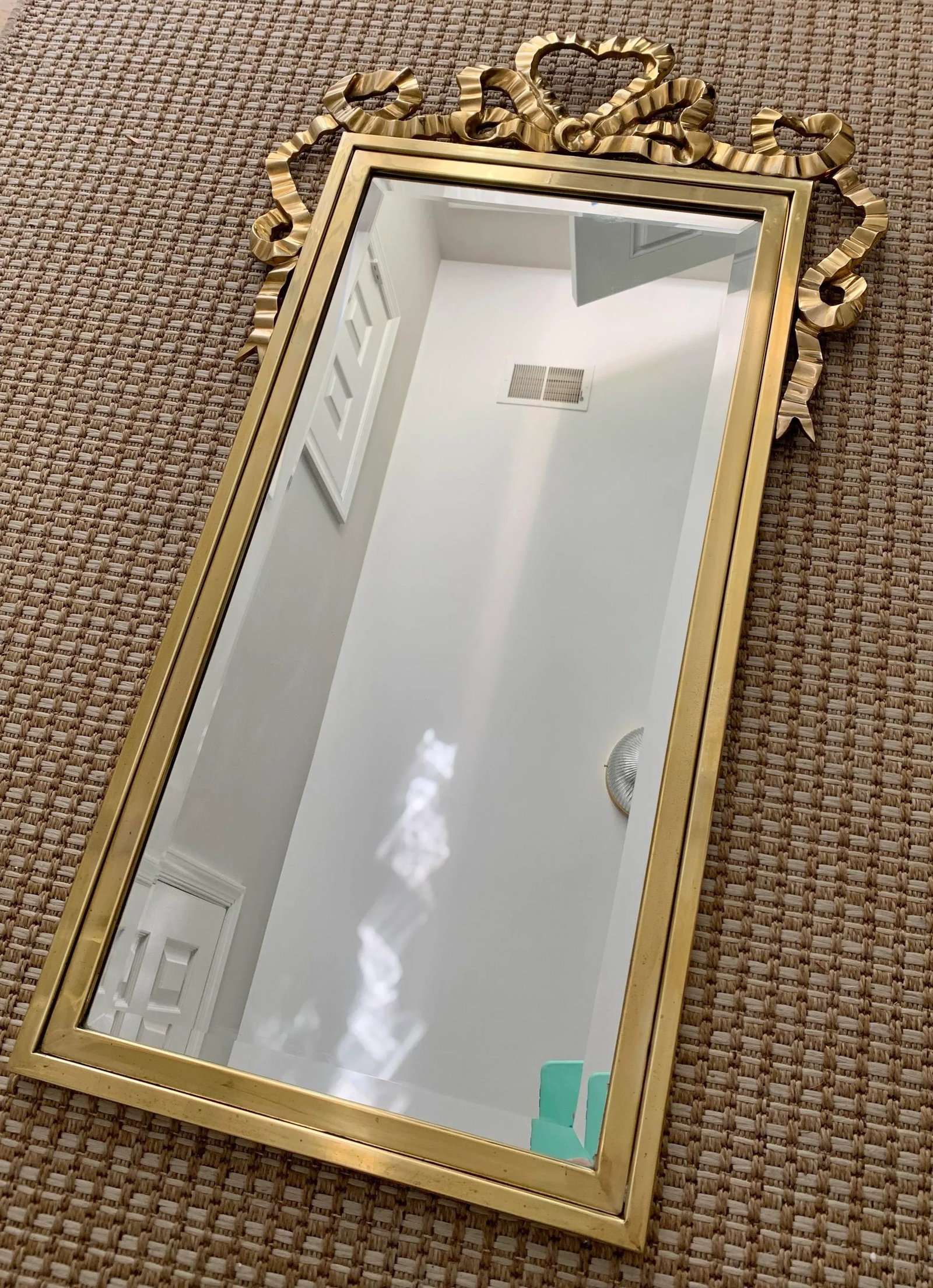 Vintage 1970s Metal Brass Heart Shaped Draped Ribbon Bow Coquette Wall Mirror - 2