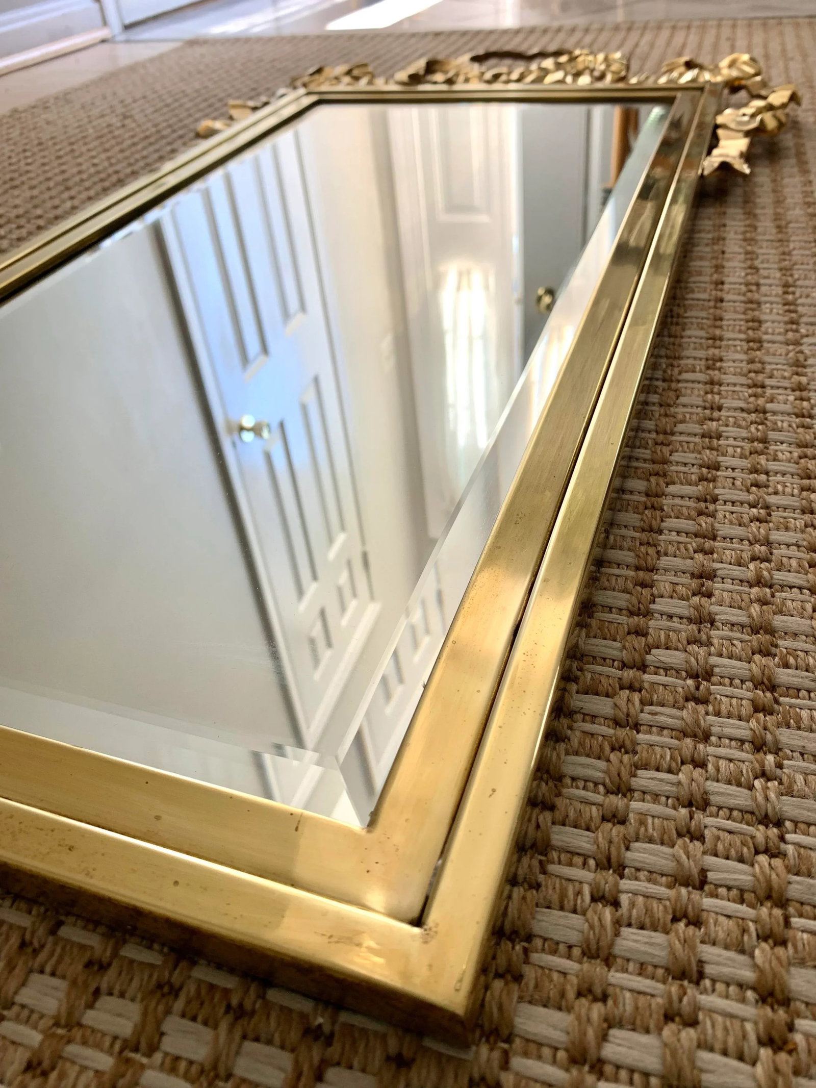 Vintage 1970s Metal Brass Heart Shaped Draped Ribbon Bow Coquette Wall Mirror - 3