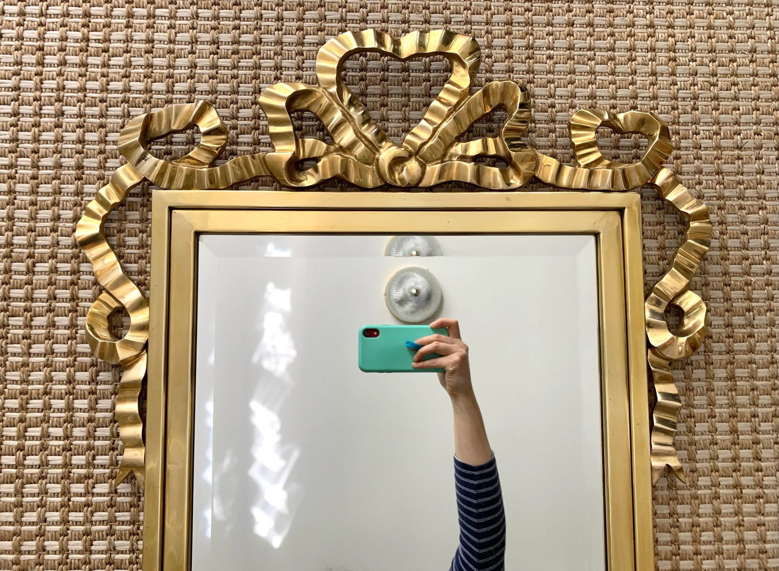 Vintage 1970s Metal Brass Heart Shaped Draped Ribbon Bow Coquette Wall Mirror - 6