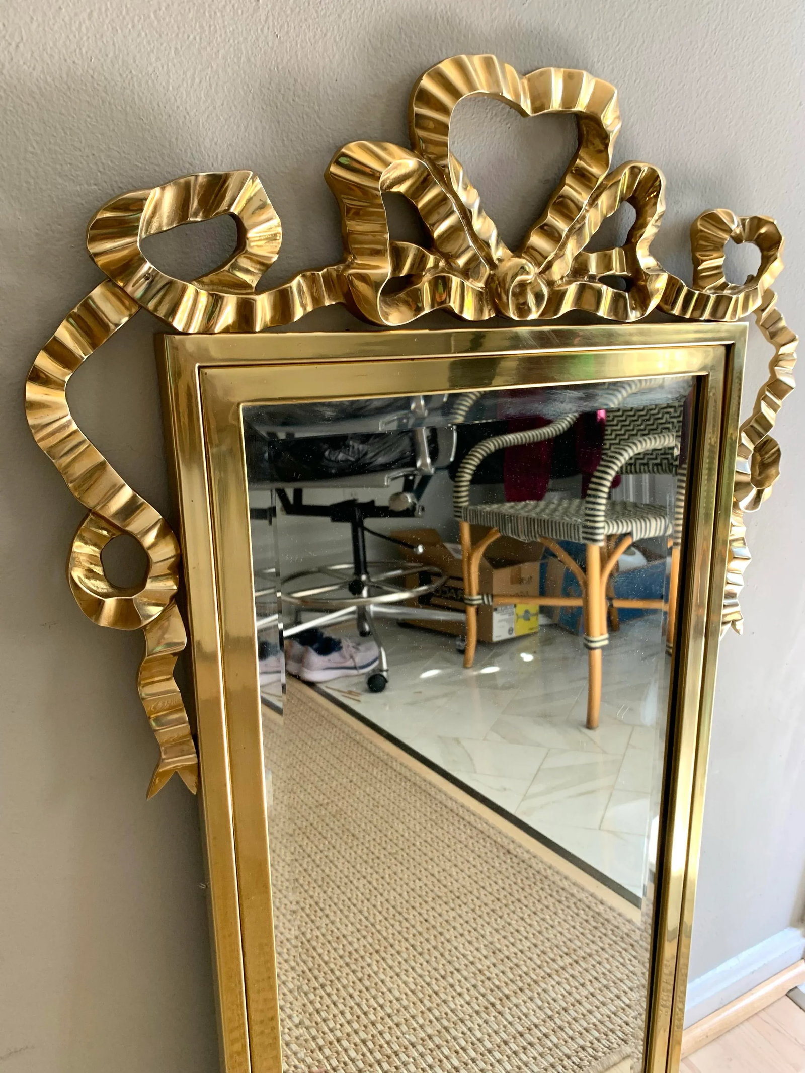 Vintage 1970s Metal Brass Heart Shaped Draped Ribbon Bow Coquette Wall Mirror - 7