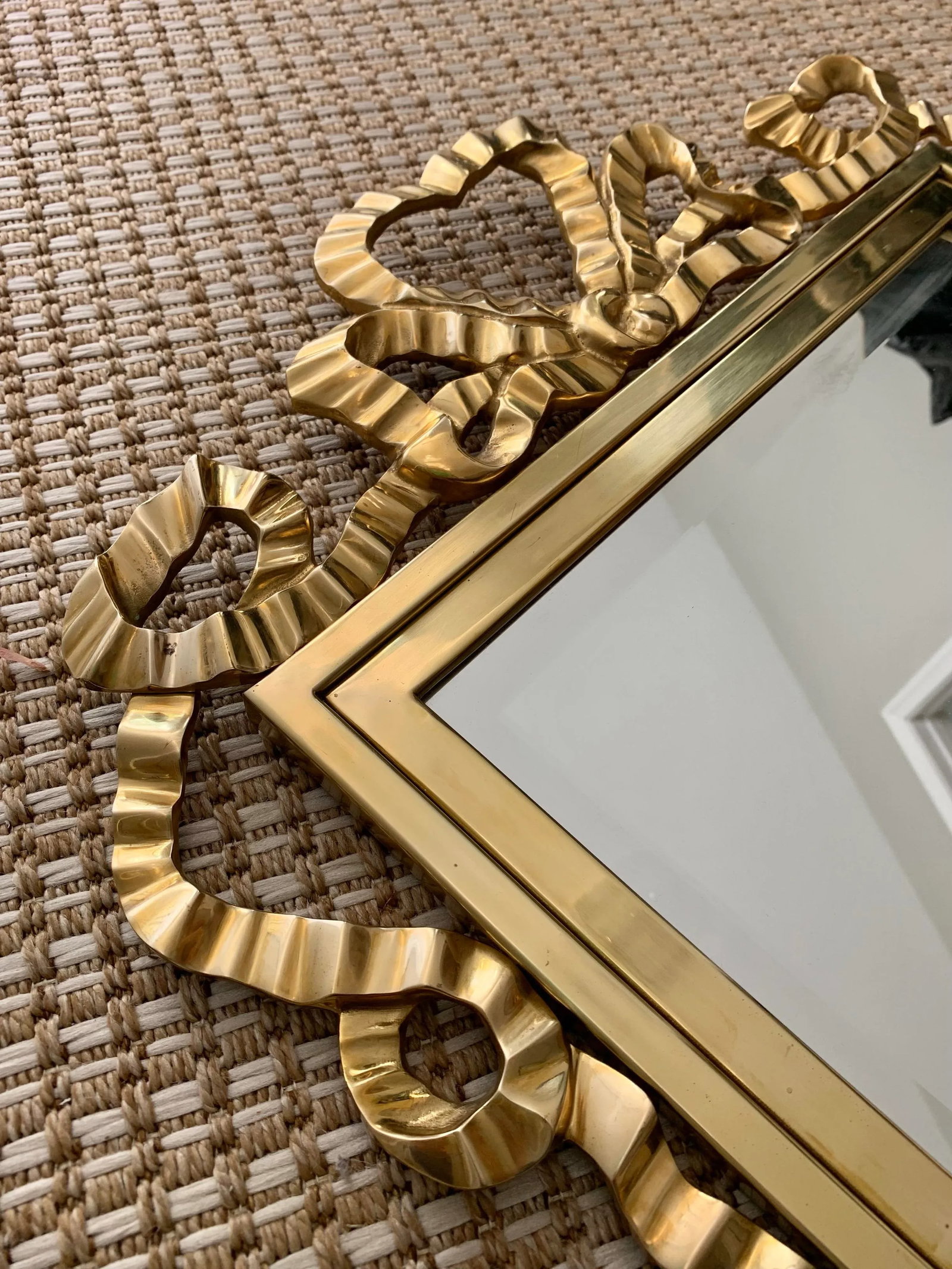 Vintage 1970s Metal Brass Heart Shaped Draped Ribbon Bow Coquette Wall Mirror - 8