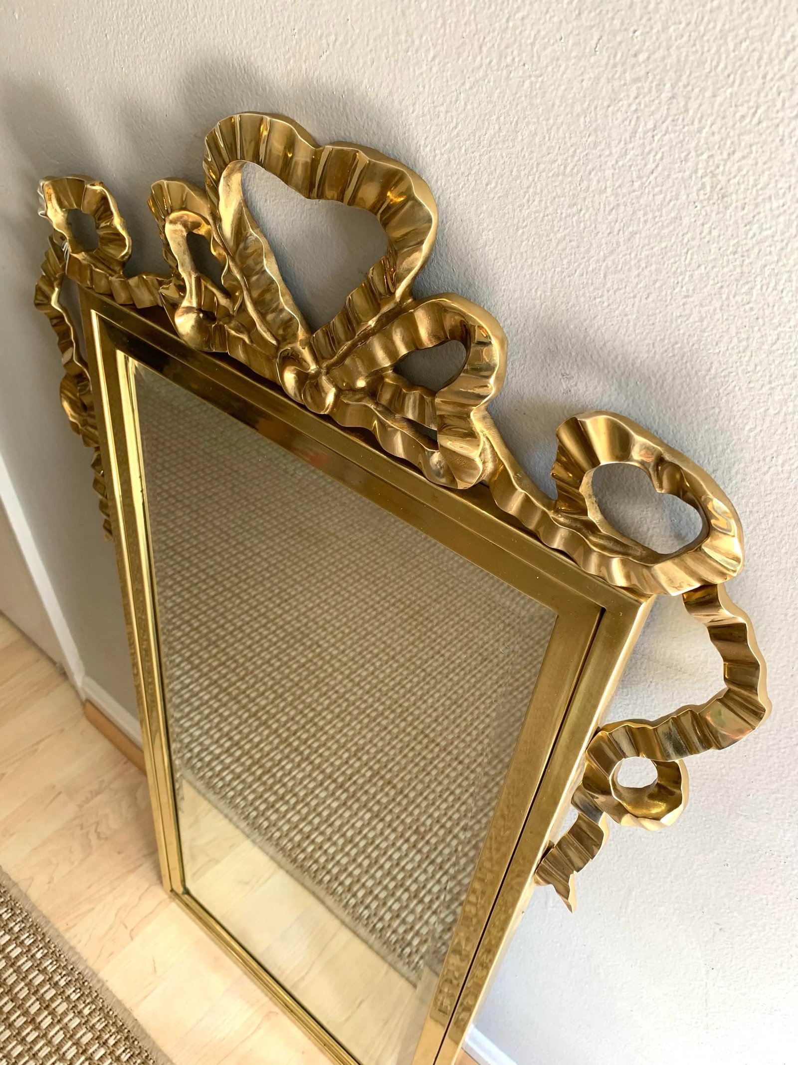 Vintage 1970s Metal Brass Heart Shaped Draped Ribbon Bow Coquette Wall Mirror - 9