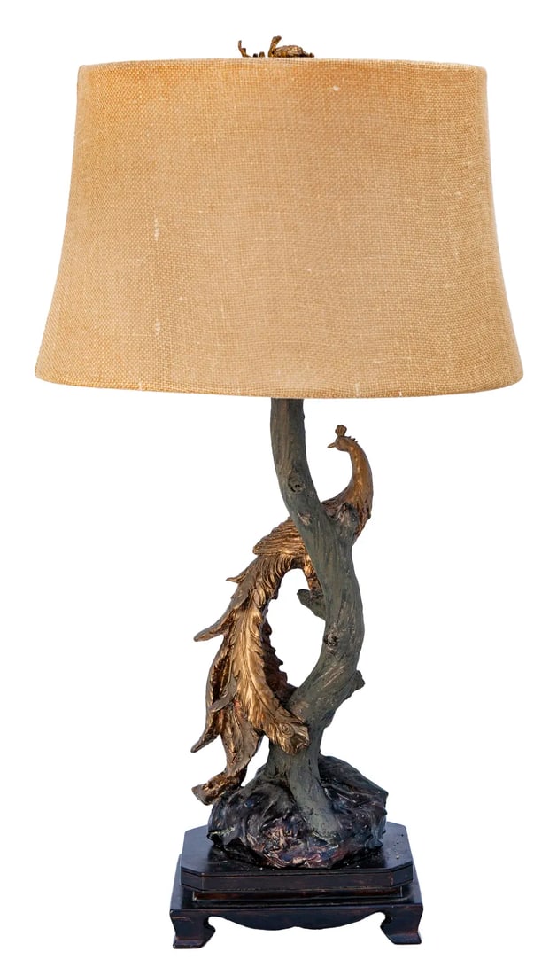 Vintage Peacock Lamp & Burlap Shade - 2