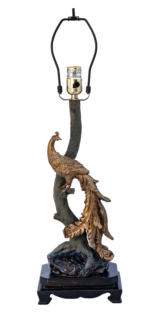 Vintage Peacock Lamp & Burlap Shade - 3