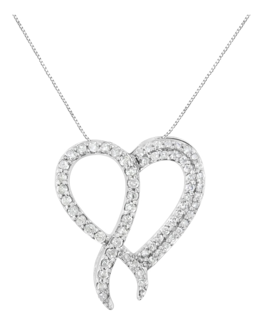 .925 Sterling Silver 1 cttw Diamond Heart and Ribbon 18" Pendant Necklace - 18": This elegant .925 sterling silver pendant has a gorgeous heart motif with a ribbon overlapping to one side. The necklace is studded with 1 ct tdw of beautiful, round-cut diamonds in a prong setting.