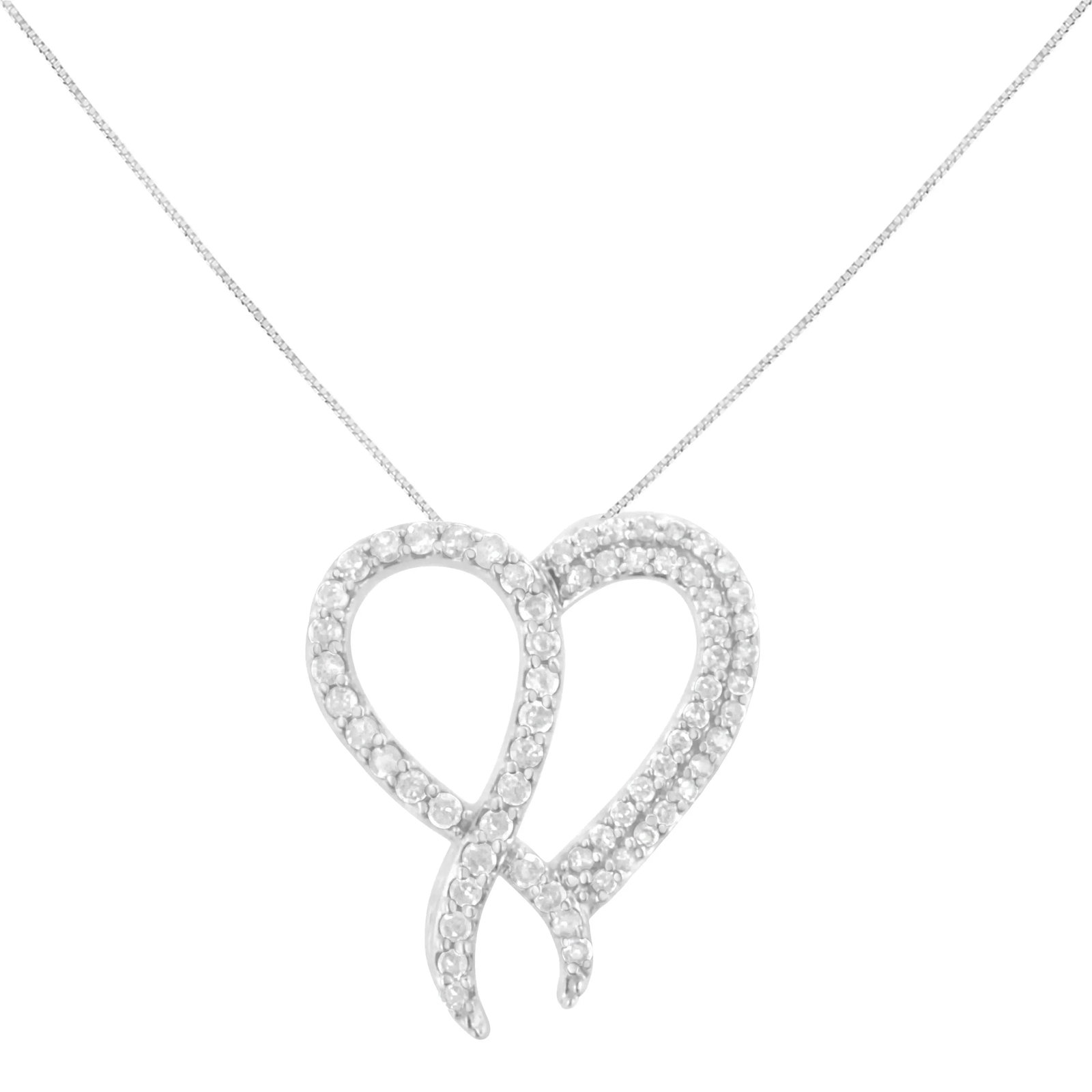 .925 Sterling Silver 1 cttw Diamond Heart and Ribbon 18" Pendant Necklace - 18" - 2