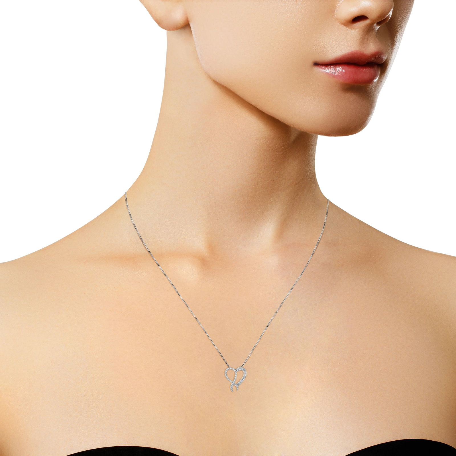 .925 Sterling Silver 1 cttw Diamond Heart and Ribbon 18" Pendant Necklace - 18" - 4
