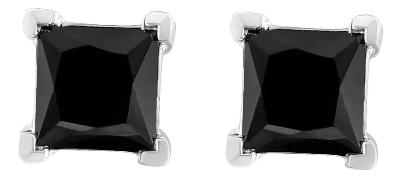 .925 Sterling Silver 3.00 Cttw Princess-Cut Square Black Diamond Classic 4-Prong Stud Earrings with: Elegant and timeless, these gorgeous .925 sterling silver solitaire stud earrings feature bold and beautiful heat treated, color enhanced black diamonds in a four prong setting. The earrings feature