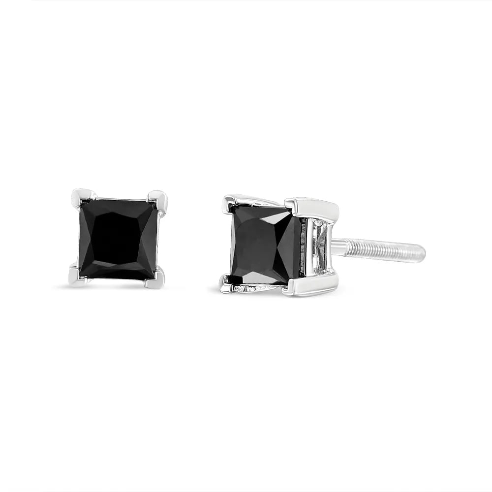 .925 Sterling Silver 3.00 Cttw Princess-Cut Square Black Diamond Classic 4-Prong Stud Earrings with - 2