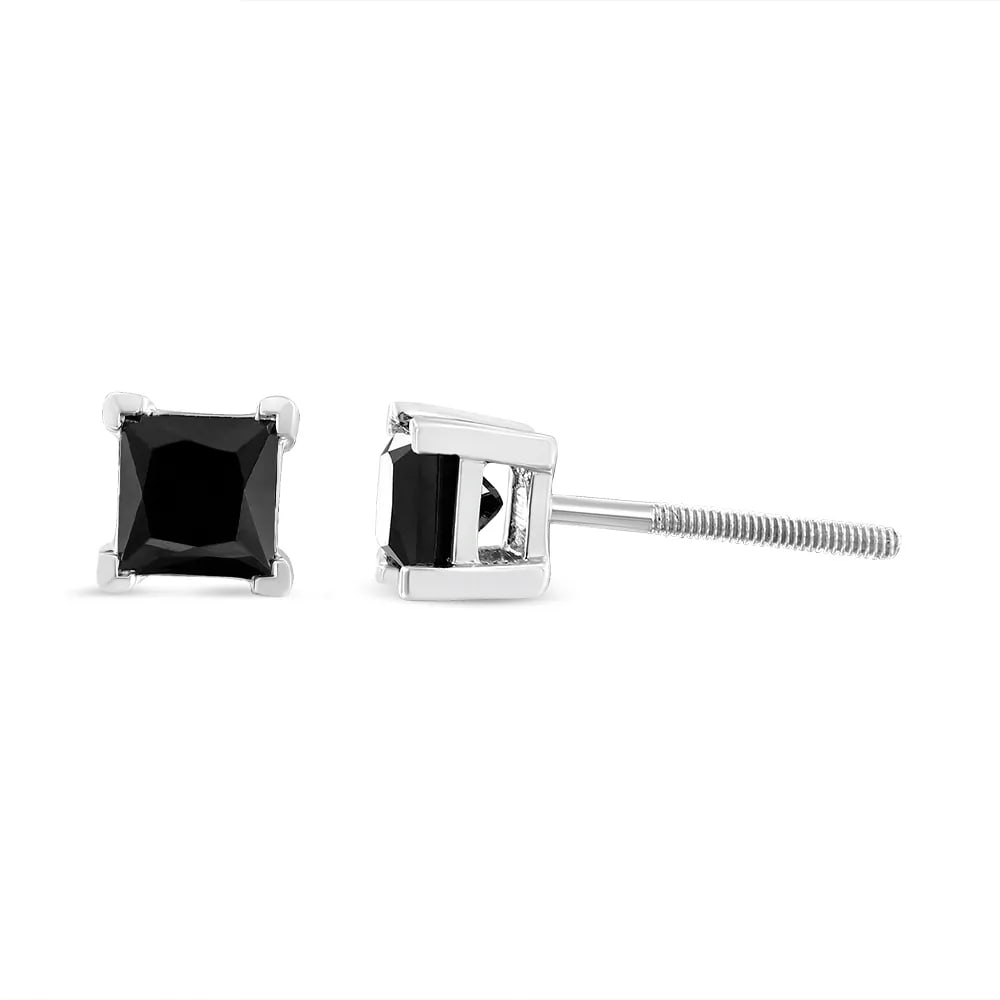 .925 Sterling Silver 3.00 Cttw Princess-Cut Square Black Diamond Classic 4-Prong Stud Earrings with - 3