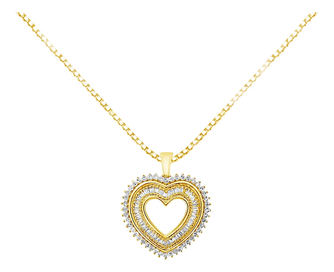 14K Yellow Gold Plated .925 Sterling Silver 1.0 Cttw Round and Baguette-Cut Diamond Composite Hearth: Feminine and sophisticated, this beautiful silver cluster heart necklace is the perfect gift for you or for the special lady in your life. This stunning pendant is crafted from genuine .925 sterling