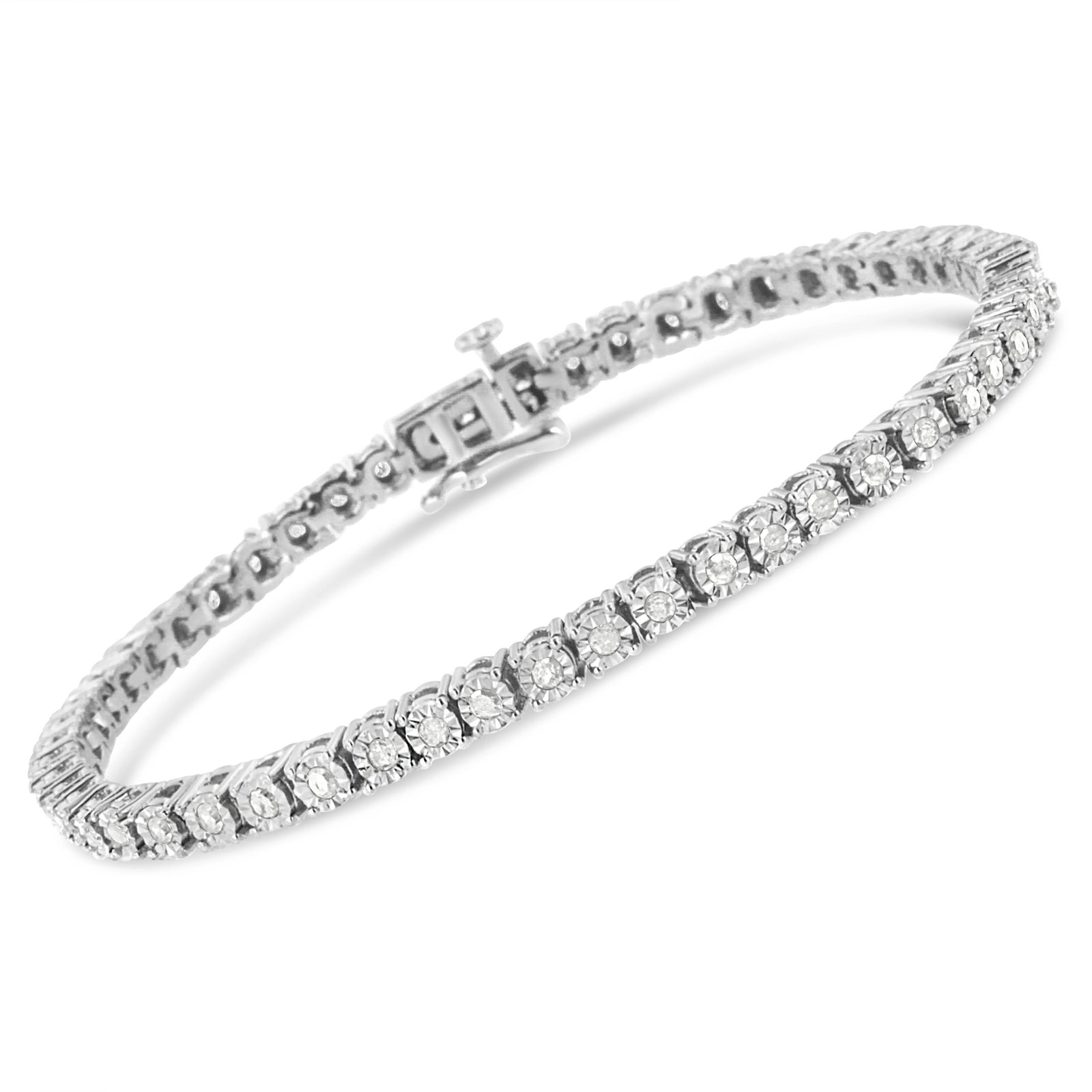.925 Sterling Silver 1.0 Cttw Miracle-Set Diamond Round Faceted Bezel Tennis Bracelet - 9" - 2