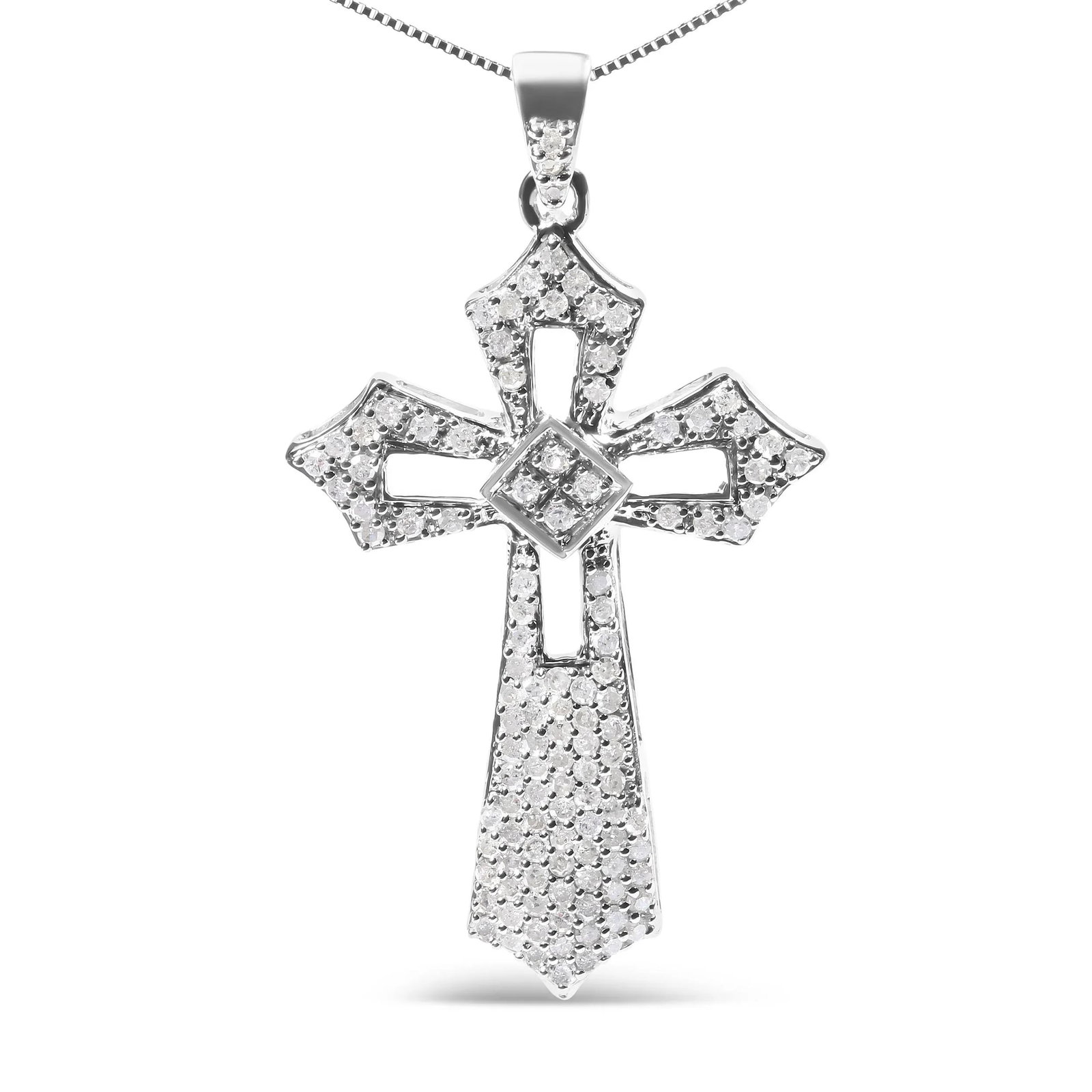 .925 Sterling Silver 1.00 Cttw Diamond Fleur De Lis Cross 18" Pendant Necklace (H-I Color, I2-I3 Cla - 2
