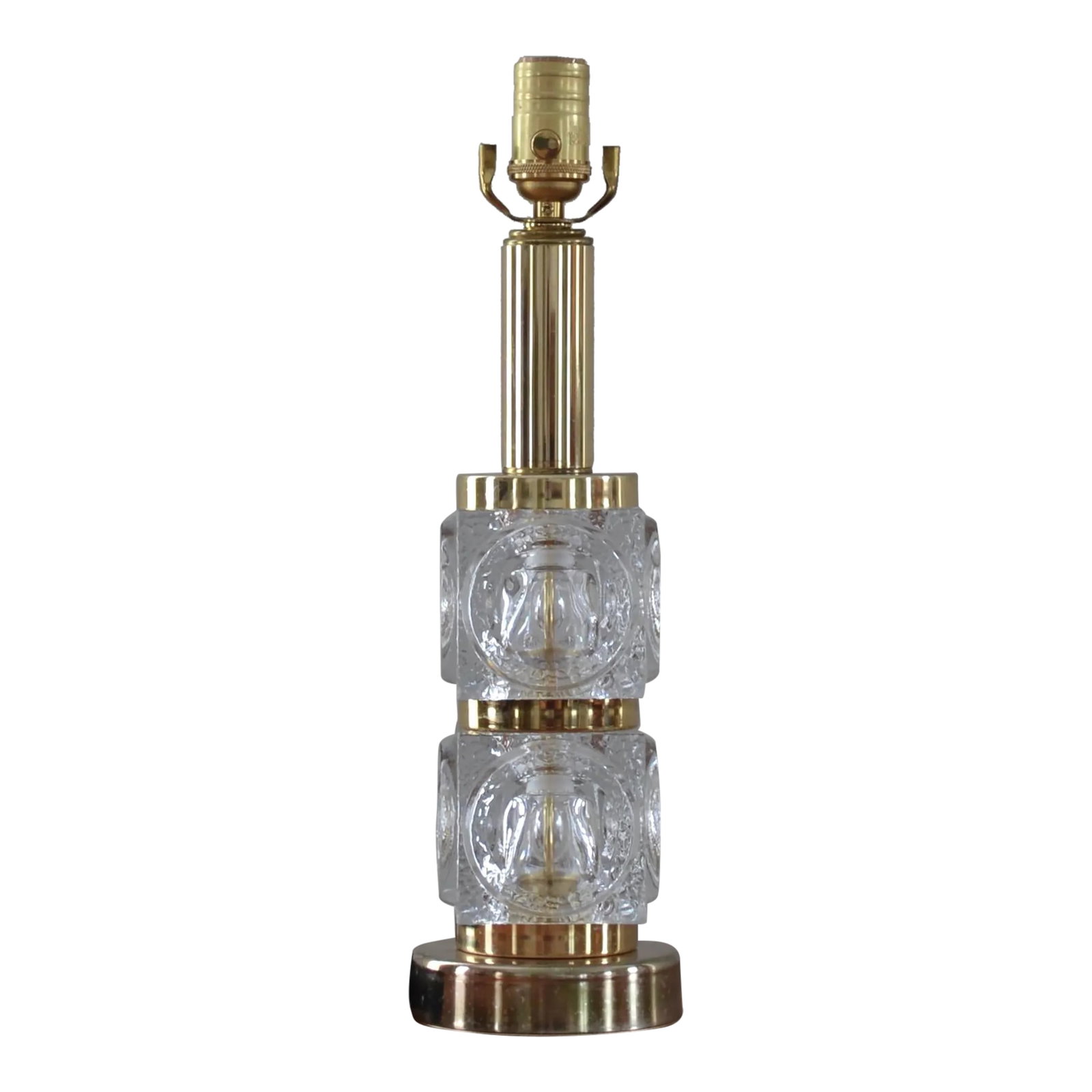 1970's Peill & Putzler Cube Glass Lamp: Peill & Putzer brutalist style brass plated and cube glass accent lamp. Unmarked. Newly rewired with brass dimmer socket and fabric cord. Size: 5" x 17" Condition: Alterations: Restored