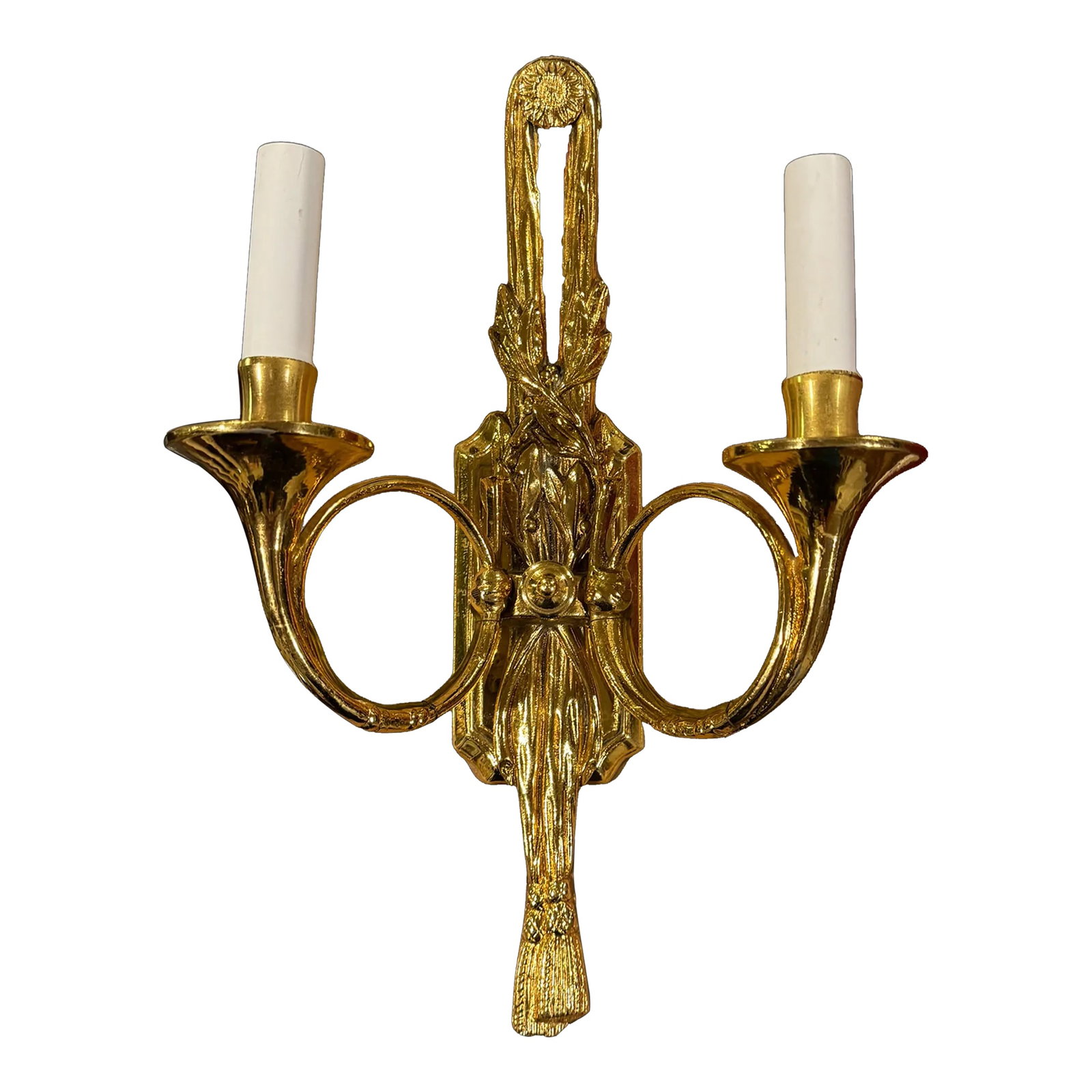Italian Horn Wall Sconce: Empire style candlelight's in the form of a hunting horn mounted on a tassel swag. Gilded bright gold brass. Condition: Alterations: Original Condition Unaltered Imperfections: Some Imperfections