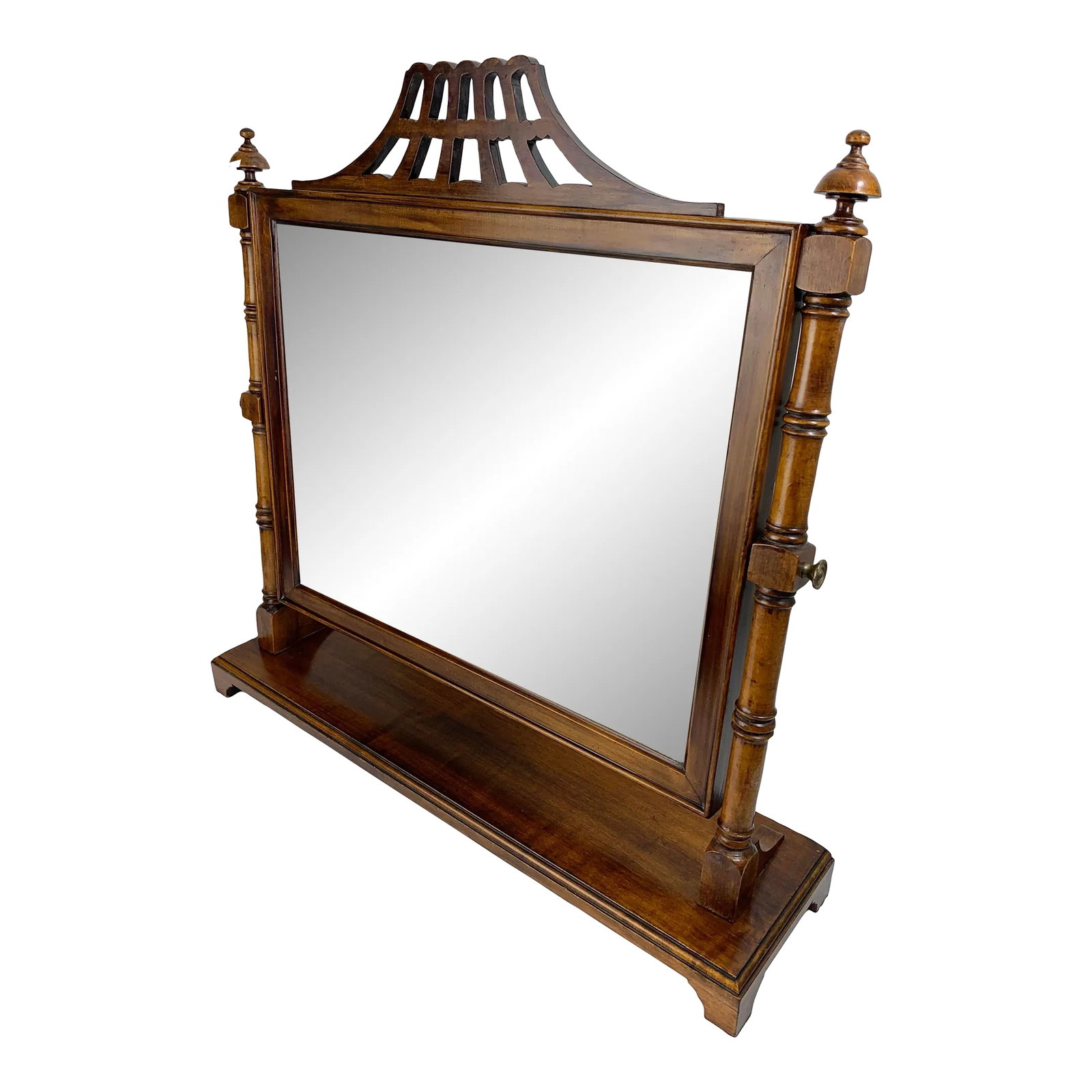 1940s Wooden Chinoiserie Pagoda Faux Bamboo Swivel Tabletop Dressing Mirror: Vintage wooden faux bamboo tabletop mirror with pagoda top with brass hardware. Marked Shelbyville Mirror and Glass Company on back, circa 1941. Condition: Alterations: Original Condition Unaltered