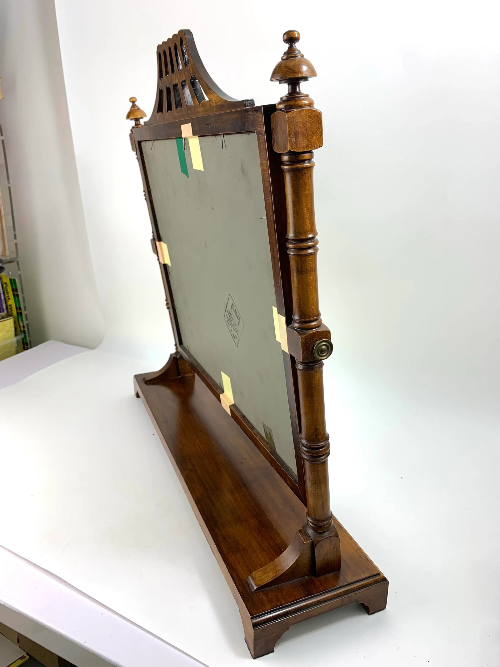 1940s Wooden Chinoiserie Pagoda Faux Bamboo Swivel Tabletop Dressing Mirror - 4