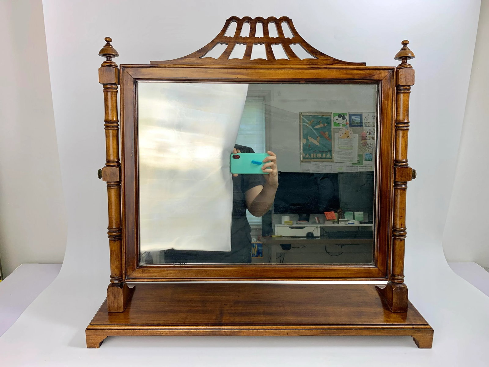 1940s Wooden Chinoiserie Pagoda Faux Bamboo Swivel Tabletop Dressing Mirror - 8