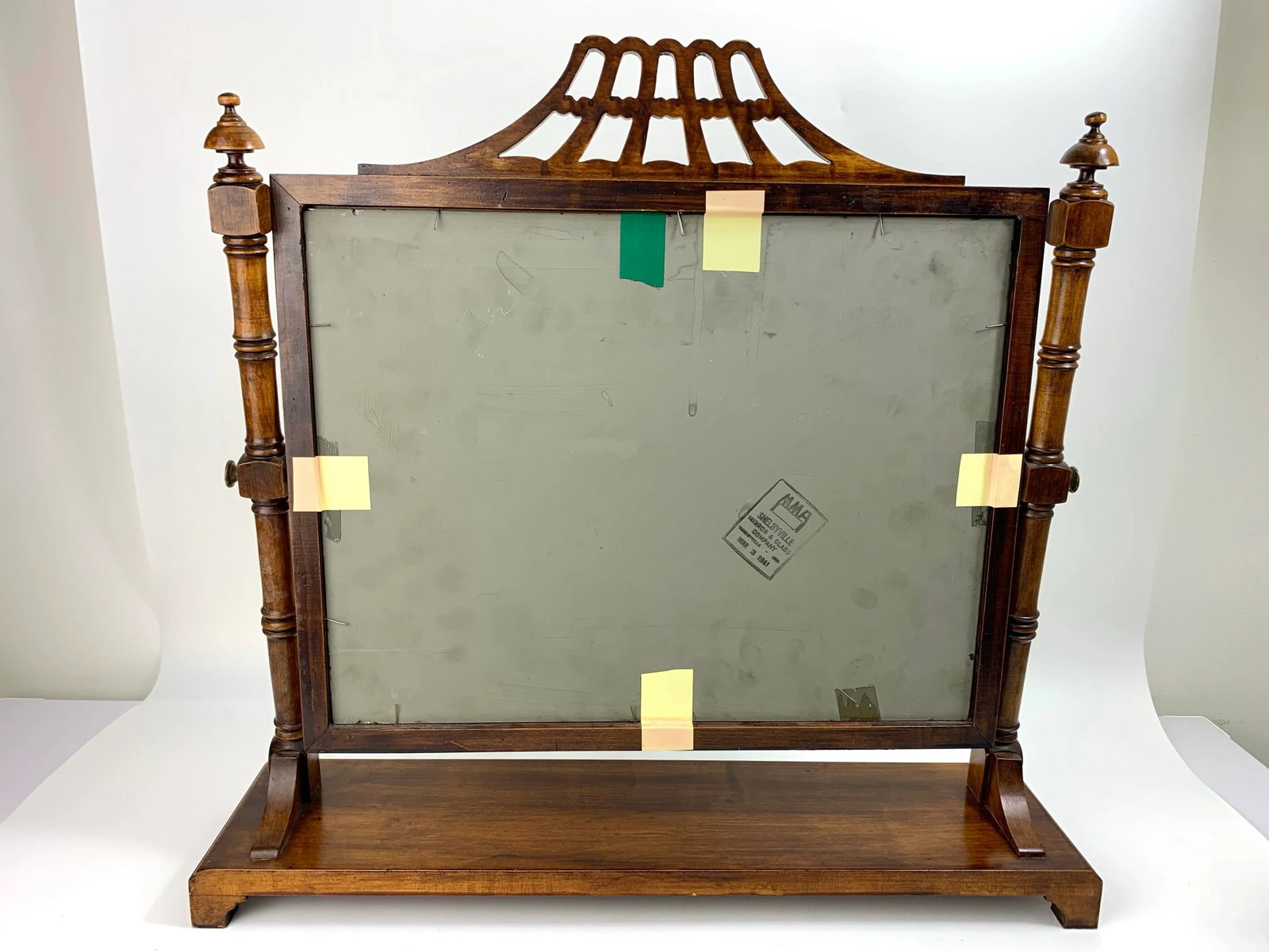 1940s Wooden Chinoiserie Pagoda Faux Bamboo Swivel Tabletop Dressing Mirror - 9