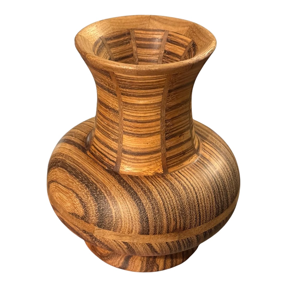 Late 20th Century George Diller Signed Vase Inlaid Zebra Wood & Walnut: American woodworker George Diller created this beautiful work of art, signed on its base, identifying it as having zebra wood & walnut.. Condition: Alterations: Original Condition Unaltered