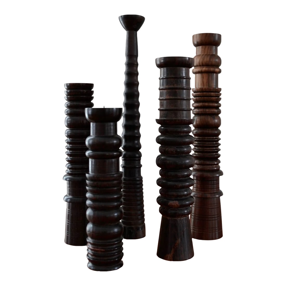 Late 20th Century Sculptural Mid Century Turned Wood Column Candlesticks - Set of 5: Set of 5 unique sculptural mid century modern turned wood candle holders. Appear to be rosewood. Size: Ranging from 7" - 15"H Condition: Alterations: Original Condition Unaltered Imperfections: Some