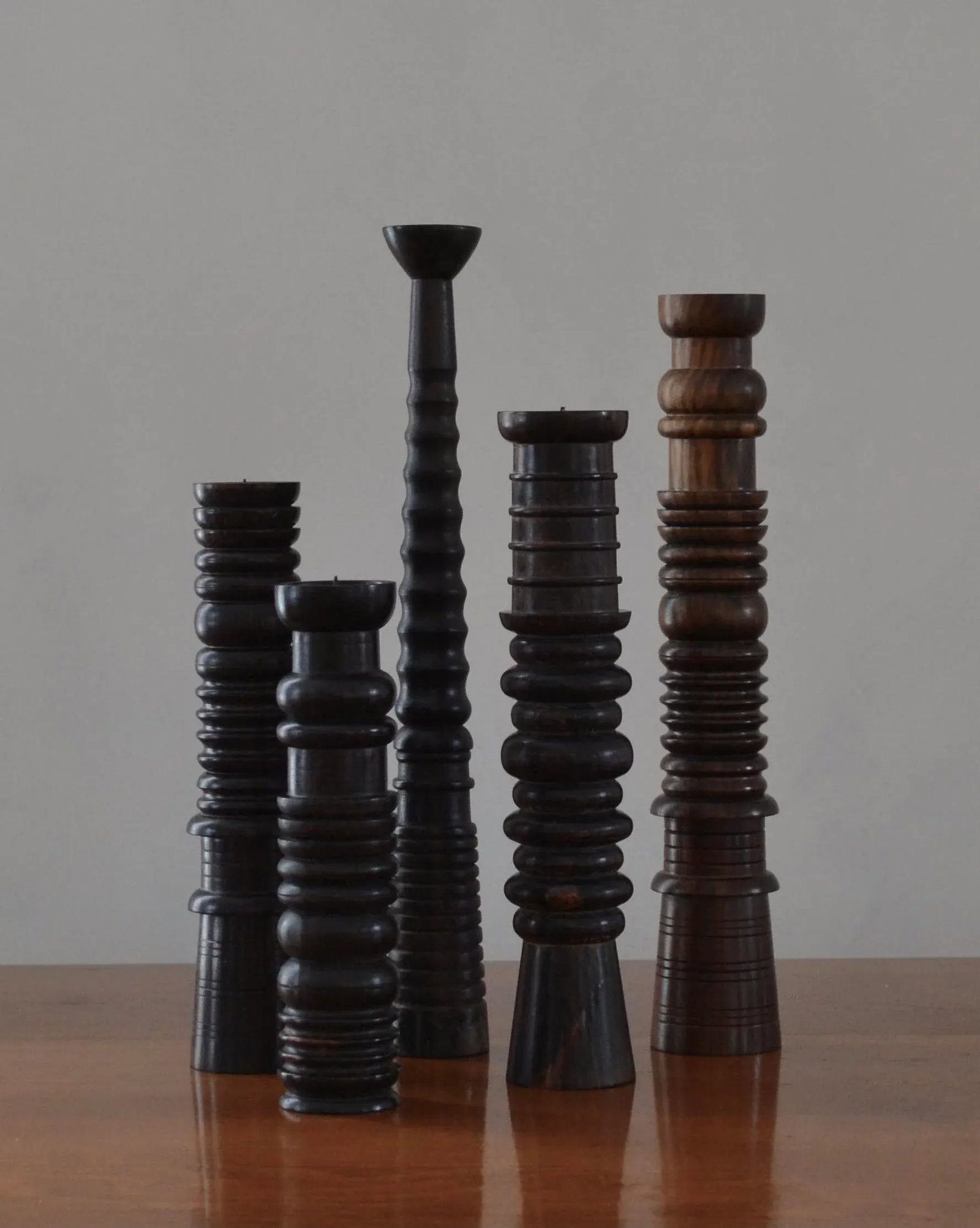 Late 20th Century Sculptural Mid Century Turned Wood Column Candlesticks - Set of 5 - 2