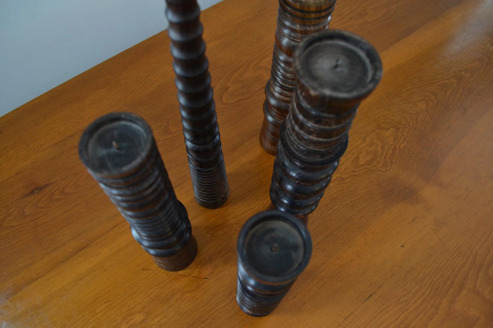 Late 20th Century Sculptural Mid Century Turned Wood Column Candlesticks - Set of 5 - 4