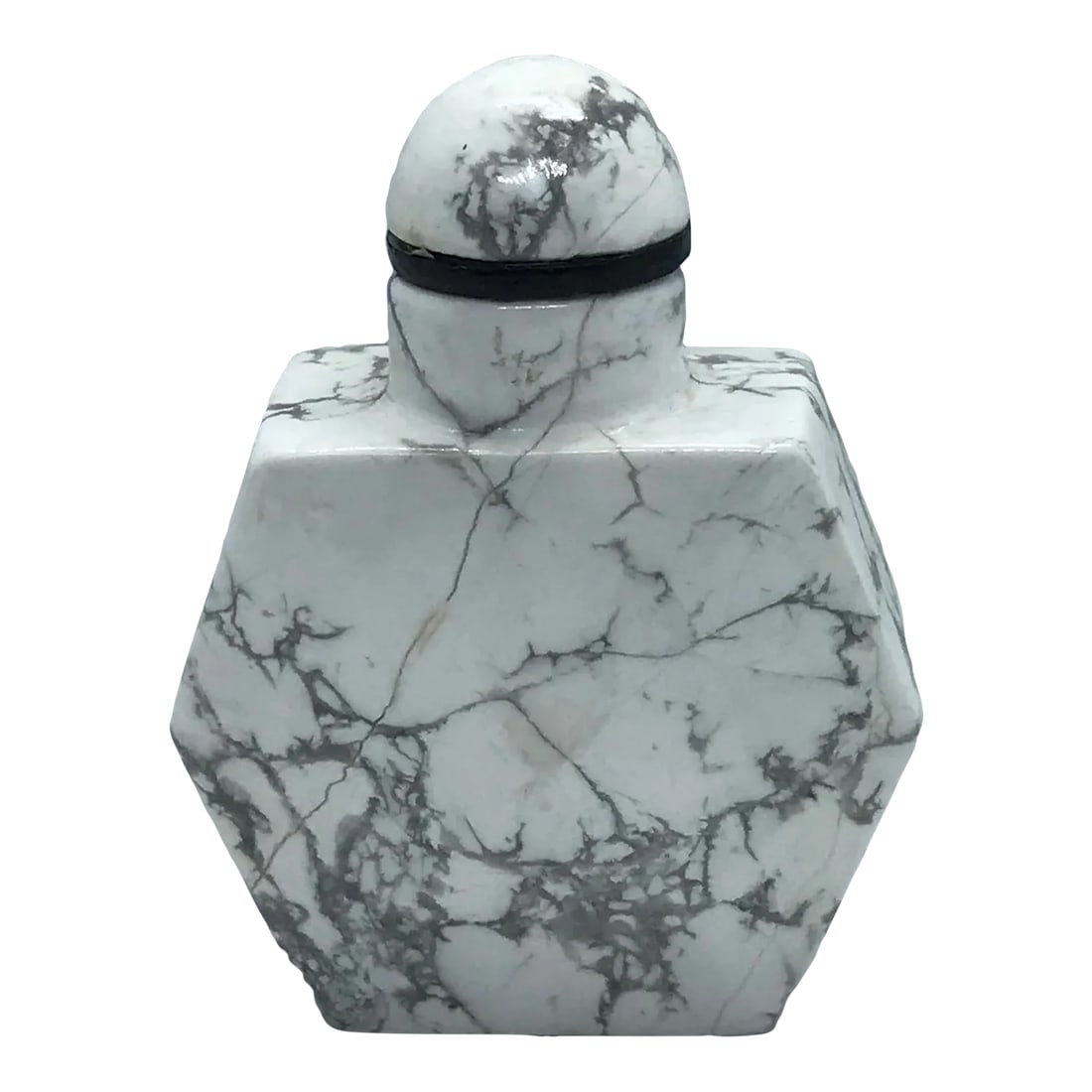 Vintage Howlite Snuff Bottle: The stone is howlite, a calcium borosilicate hydroxide. It is naturally white with grey veins. The snuff bottle has a unique form. It has facetted sides to accentuate its geometric shape. The carver