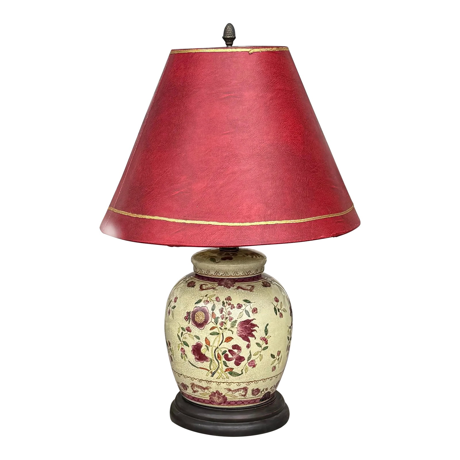 Oriental Ginger Jar Table Lamp With Red Leather Stiffel Lamp Shade: Vintage floral ginger jar table lamp with leather lamp shade. Small size vase with crackled glaze, hand painted and transfer design rest upon a carved wood base. Lamp measures 22" to the top of finial