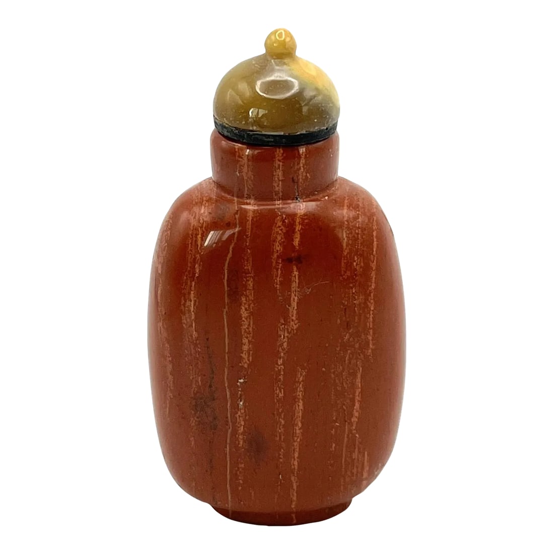 Vintage Red Jasper Snuff Bottle With Vertical White Lines: Red Jasper is my one of my preferred stone bottles. There is something about the red color that really appeals to me. I also love the elegant slender form. The shape of a snuff bottle is dependent