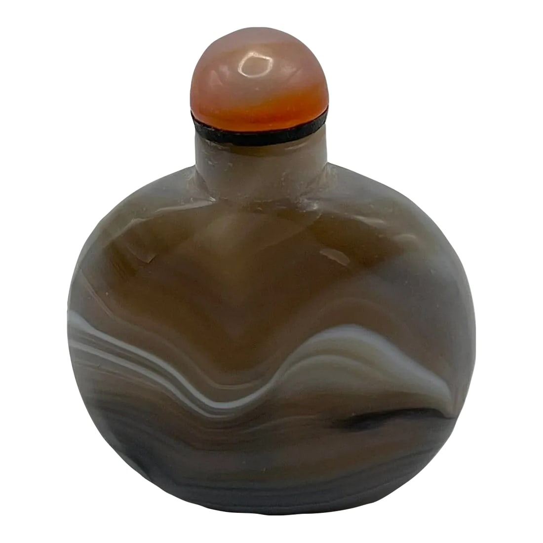 Small Antique Banded Agate Snuff Bottle: The small bottle is a very flattened round shape snuff bottle. This style of very flat snuff bottles was popular in the 19th century and earlier. It is my deduction that they are not popular today