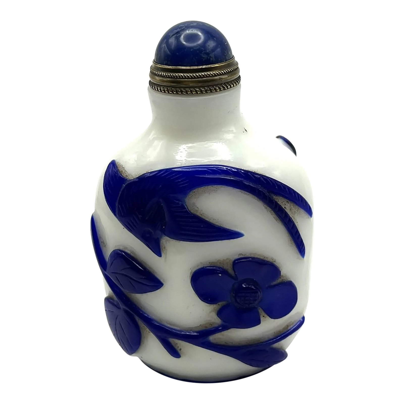 Vintage Opaline Glass Snuff Bottle With Blue Overlay of Birds and Flowers: The opaline (milk glass) has a deep blue overlay that has been carefully carved out leaving bold images of birds and flowers. The bird has a long tail, likely to be a pheasant or phoenix, and the 4