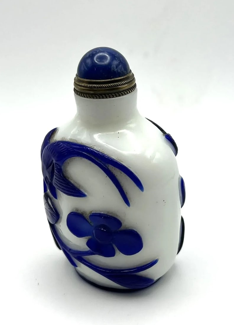 Vintage Opaline Glass Snuff Bottle With Blue Overlay of Birds and Flowers - 2